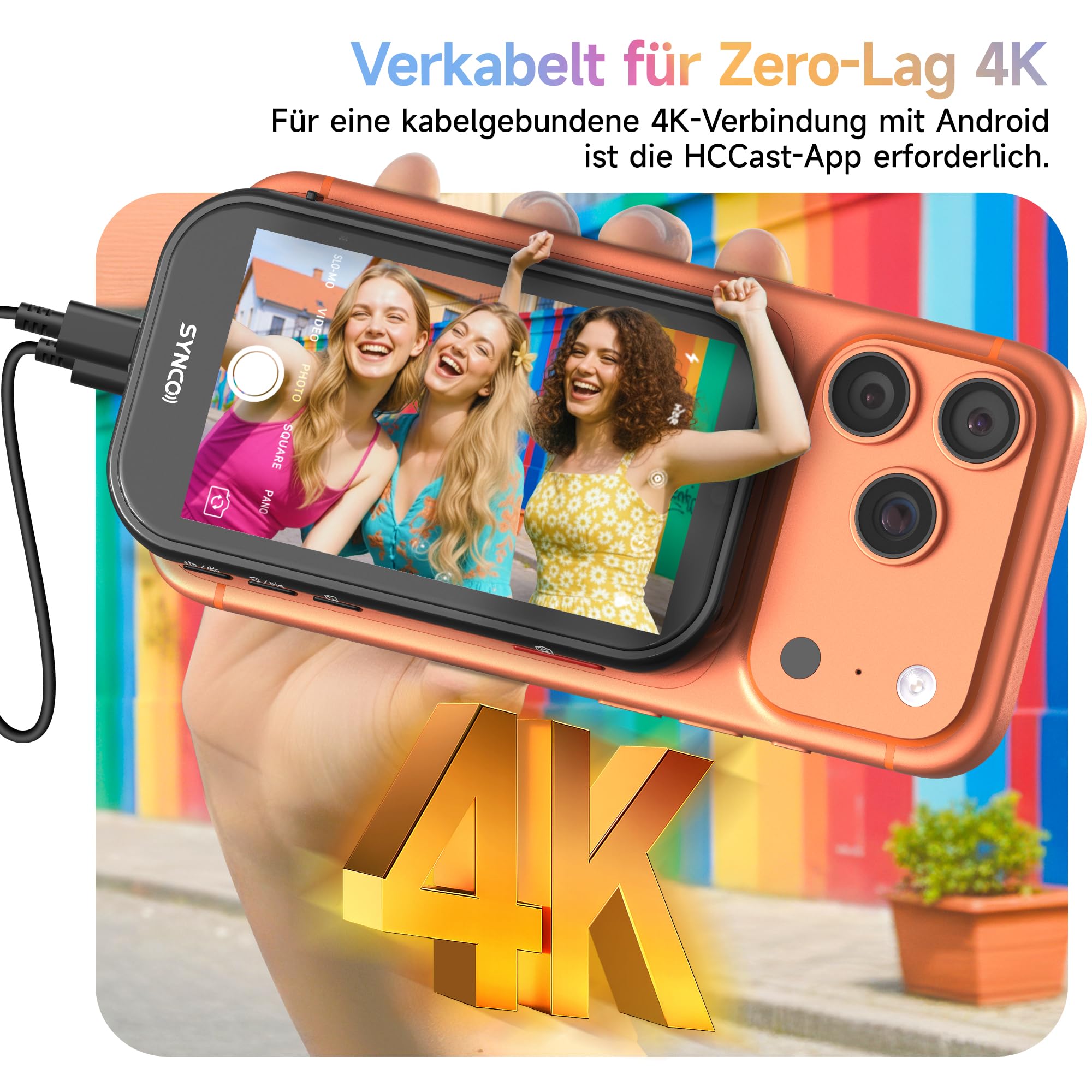 SYNCO XView M4 AI Selfie Monitor mit magnetischem Licht für iPhone und Android, Kabellose Gestensteuerung, 4K ohne Verzögerung, Selfies mit der Rückkamera, 3h Akku, für YouTube TikTok (Schwarz)