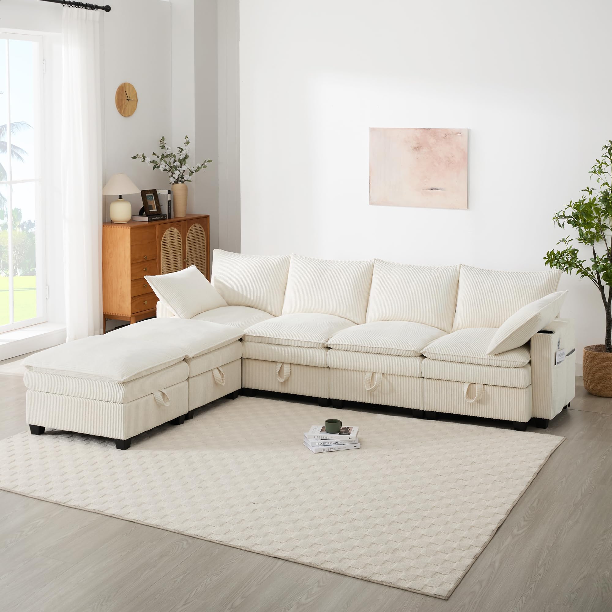 Canapé d’Angle Modulable en L/U 280 cm, 6 Places avec Repose-Pieds Amovible, Rangement, Porte-gobelet,Canapé Profond pour Salon, Meuble de Salon Moderne,canapé Convertible,Beige
