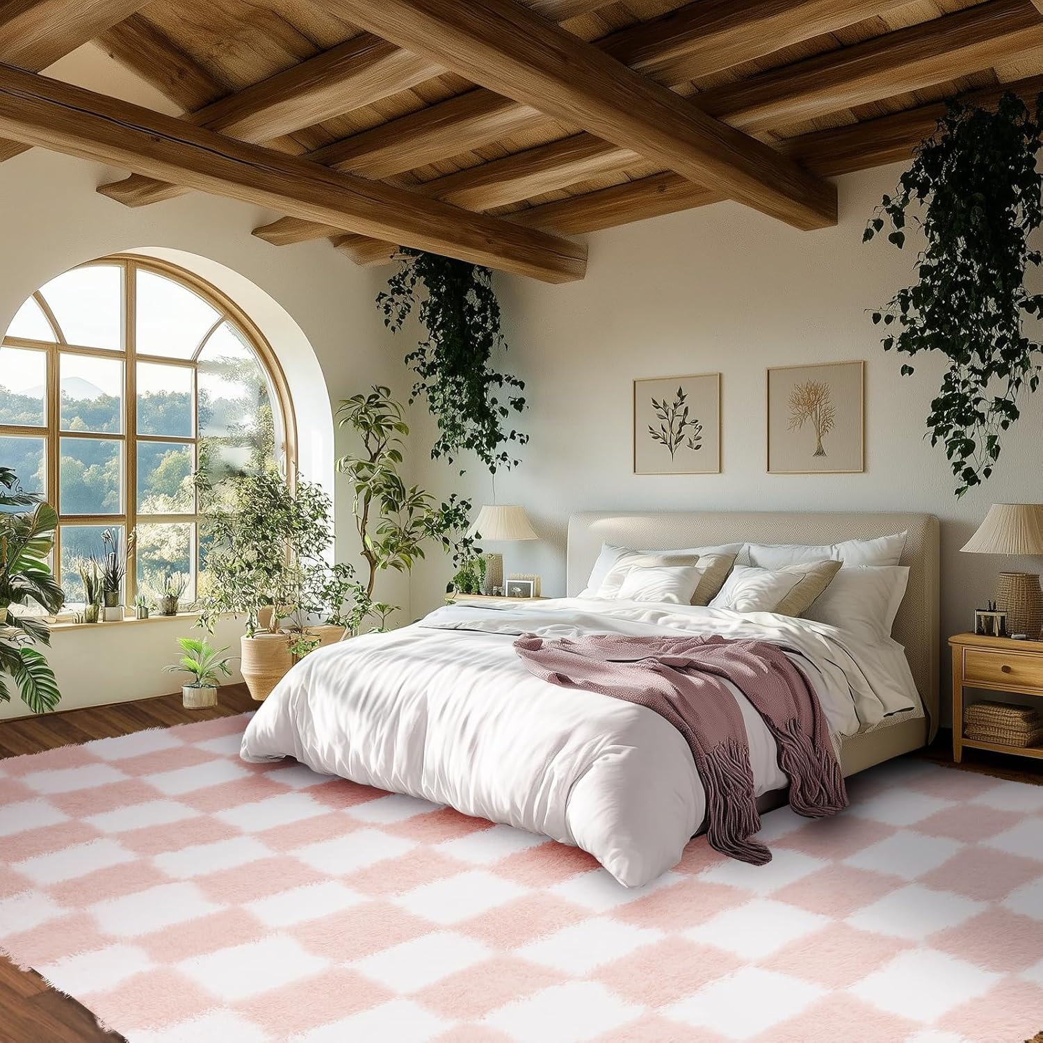 Ecoshag Soft Rugs for Living Room, 6x9 Ft Pink and White Checkered Fluffy Shaggy Rugs for Indoor Use, High Pile Ultra Fuzzy Rug for Bedroom Kids Nursery Rooms,Home Decor Aesthetic