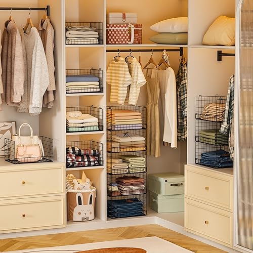 Miniatura 7 de Organizadores de armario apilables de 5 niveles y estantes de almacenamiento, cestas organizadoras de estantes de armario, almacenamiento de suéter