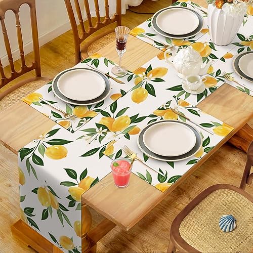 Miniatura 5 de Bonhause Juego de 4 manteles individuales de limón, 12 x 18 pulgadas, color amarillo, frutas y hojas verdes, manteles individuales lavables para