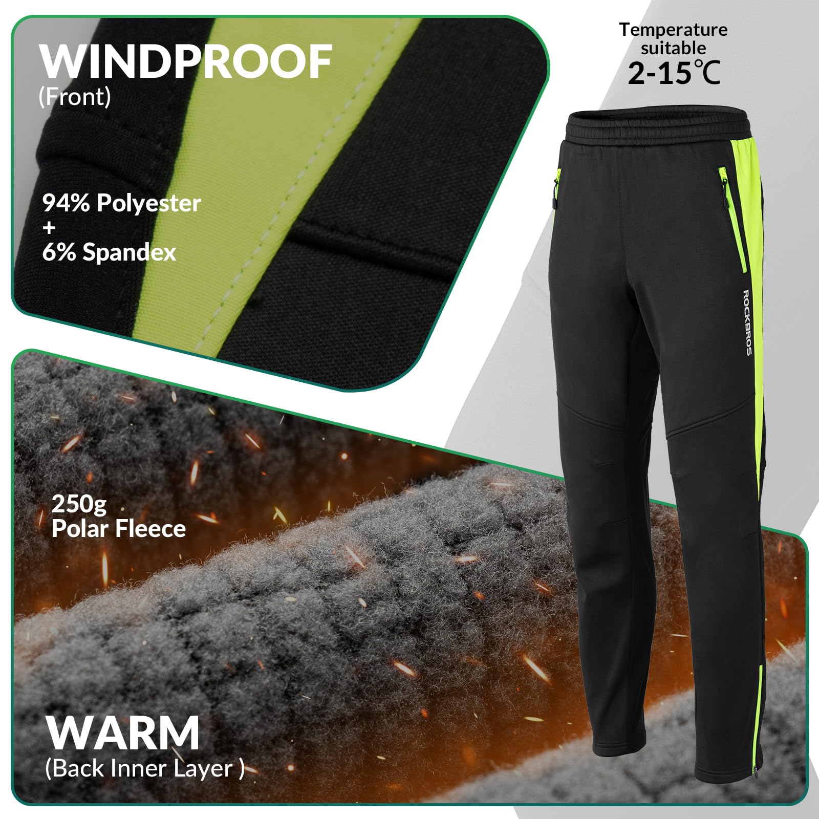 ROCKBROS Veste/Pantalon de Vélo Thermique Hiver Vêtements de Vélo Molleton Polaire Coupe-Vent Respirant Réglable Activités de Plein Air Cyclisme Escalade Randonnée Camping Course Vert Fluo M-4XL