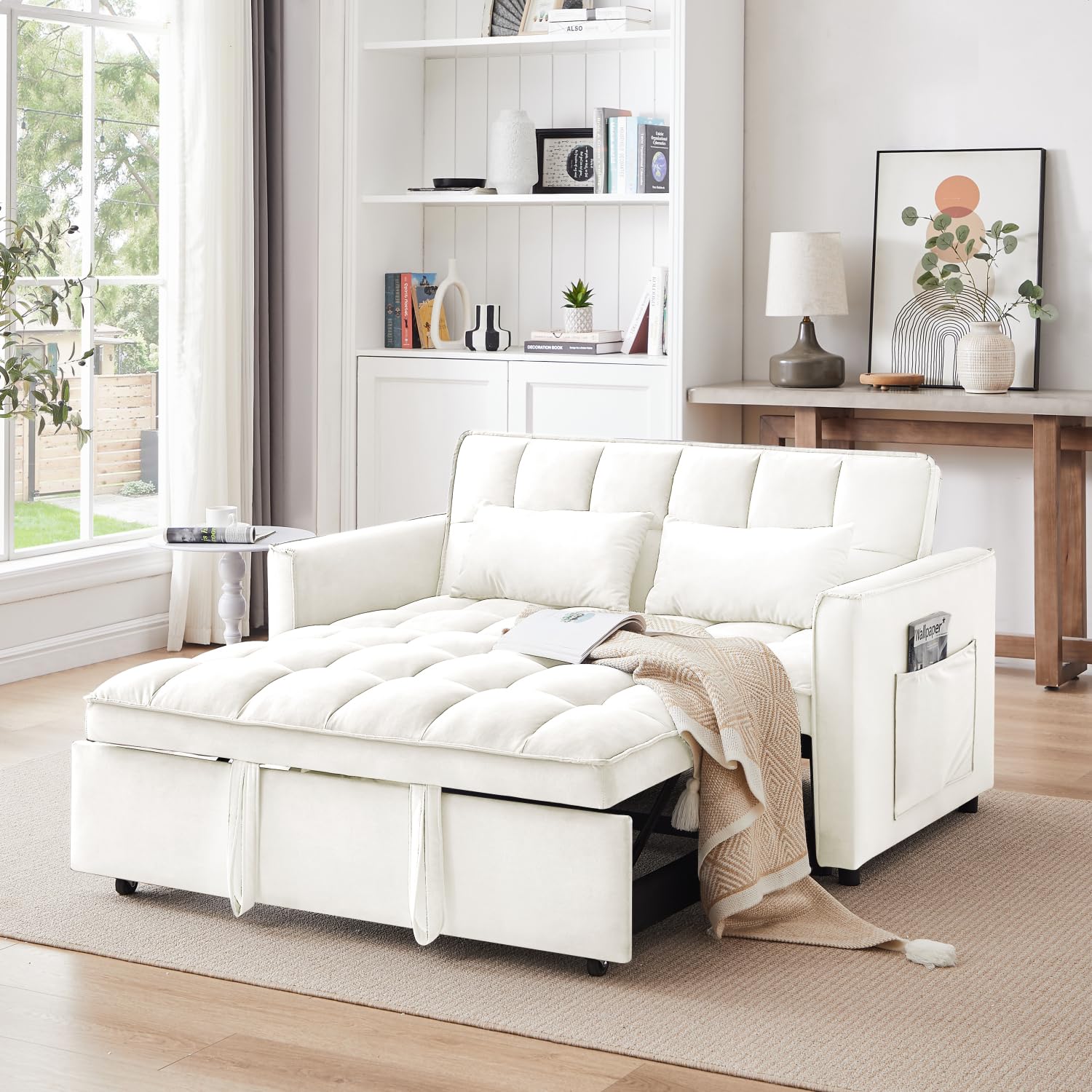 55.1-inch 3-in-1 Convertible Sofa Bed, Modern Velvet Double Sofa Futon Sofa Bed with Adjustable Back, Storage Bag and Pillow, for Living Room, Bedroom (Off White)