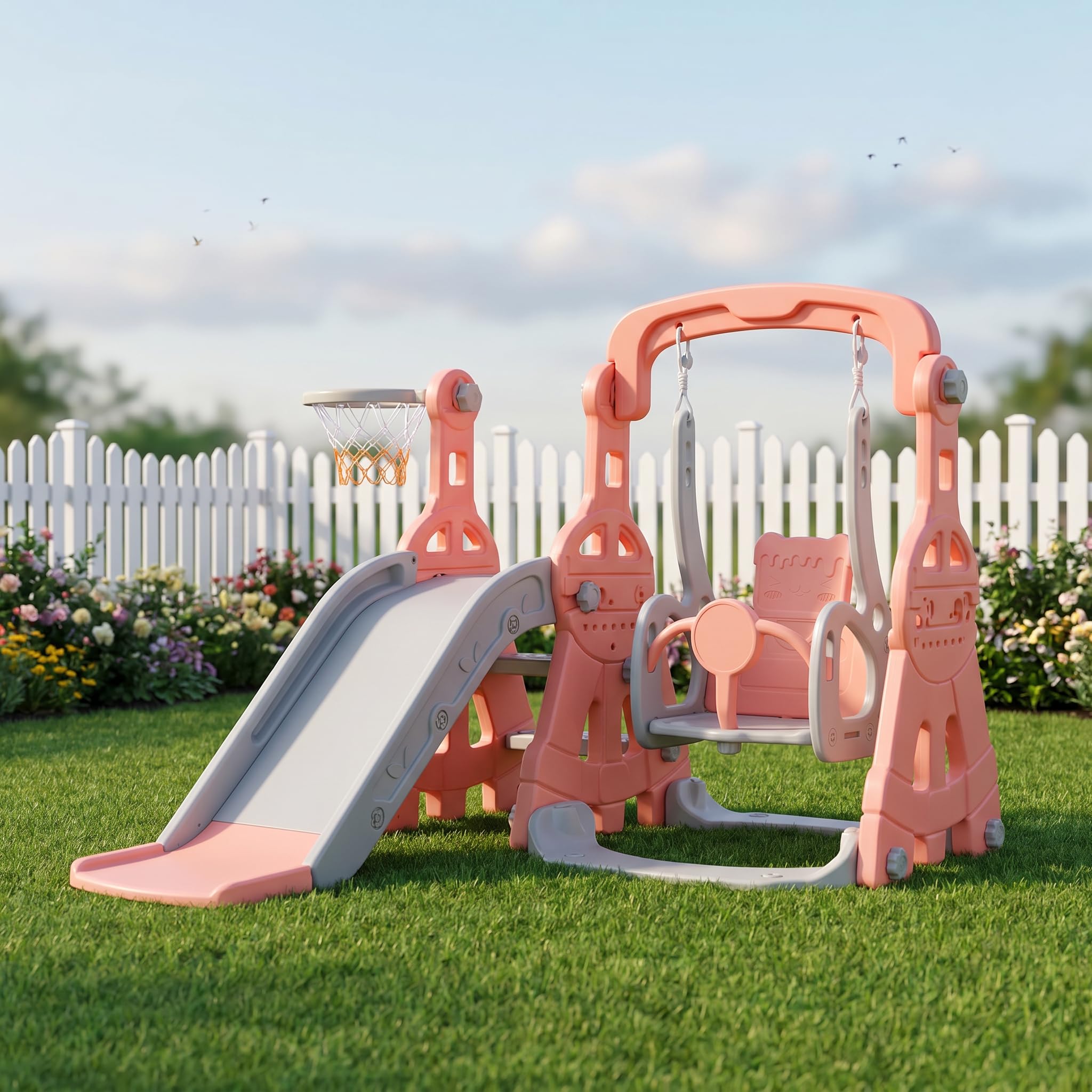 4 en 1 tobogán para niños, tobogán para bebés con anillo de baloncesto, toboganes, escaleras, columpios, tobogán multifunktionale interior y exterior para niños pequeños y preescolares (rosa)