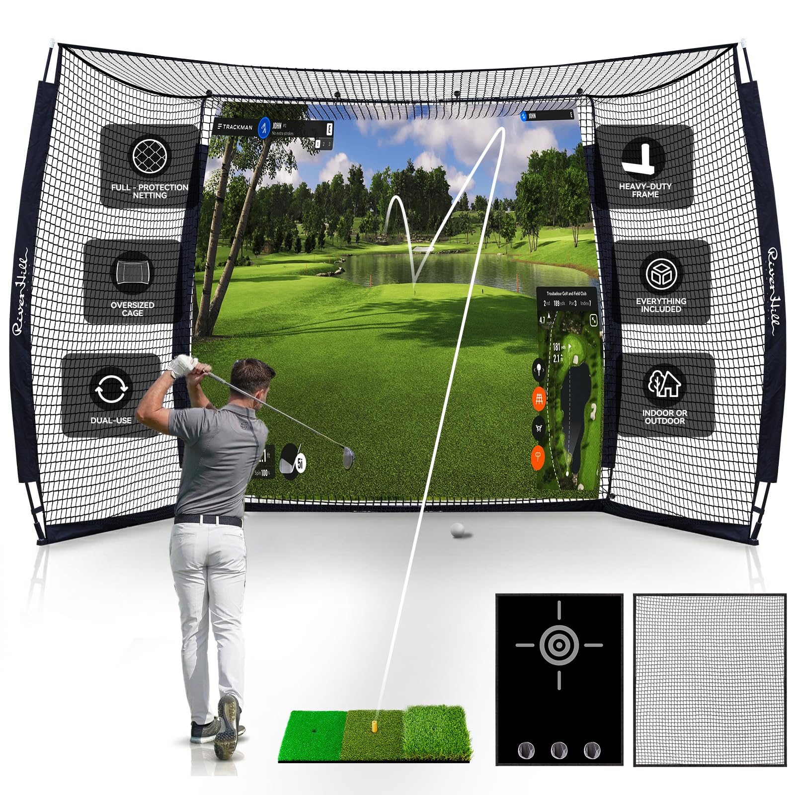 Golf Hitting Net with Impact Screen Golf Cage Golf Simulator Enclosure w Hitting Mat Target Cloth Side Nets