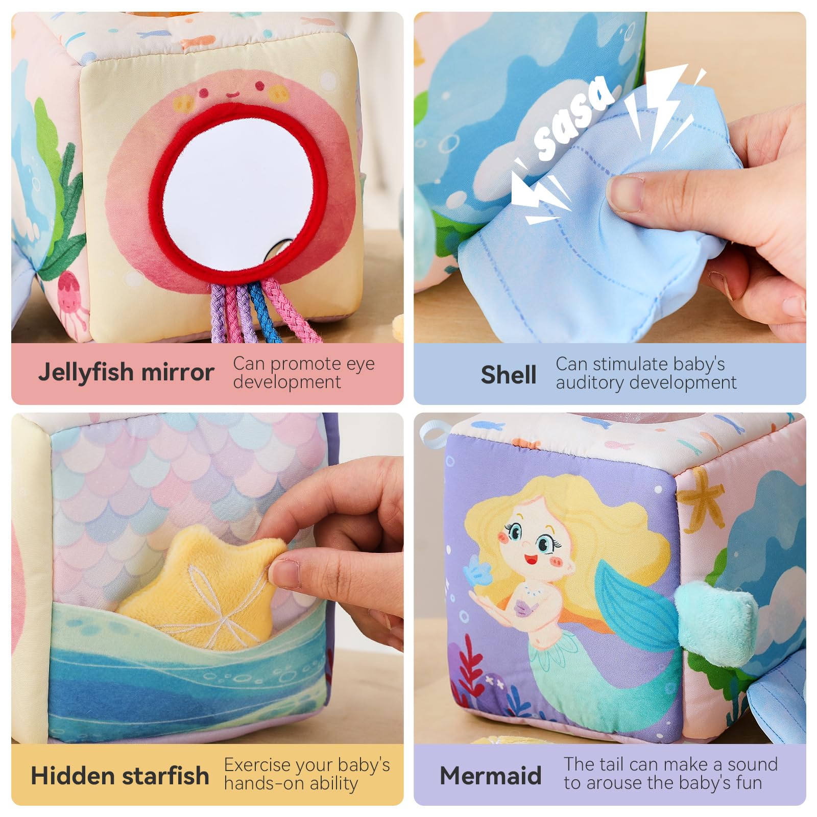 WOODEN TEETHER Baby Tissue Box Toy Mesi Montessori Sensorial Giocattolo, Promuove Le capacità sensoriali e motorie, con specchi, Colori, Trame, Suoni, Ragazzi e Ragazze (Sirena)