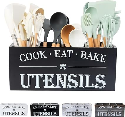 Utensil Holder,Extra Large Wooden Utensil Holder For Kitchen Counter,Cooking Spatula Organizer,Big Storage Caddy With 4 Compartments Flatware Spoon Tool Cutlery