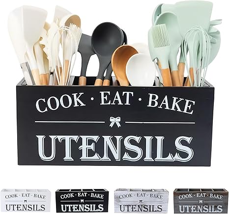 Utensil Holder,Extra Large Wooden Utensil Holder For Kitchen Counter,Cooking Spatula Organizer,Big Storage Caddy With 4 Compartments Flatware Spoon Tool Cutlery