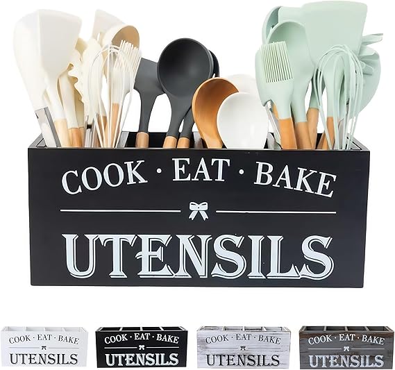 Utensil Holder,Extra Large Wooden Utensil Holder For Kitchen Counter,Cooking Spatula Organizer,Big Storage Caddy With 4 Compartments Flatware Spoon Tool Cutlery