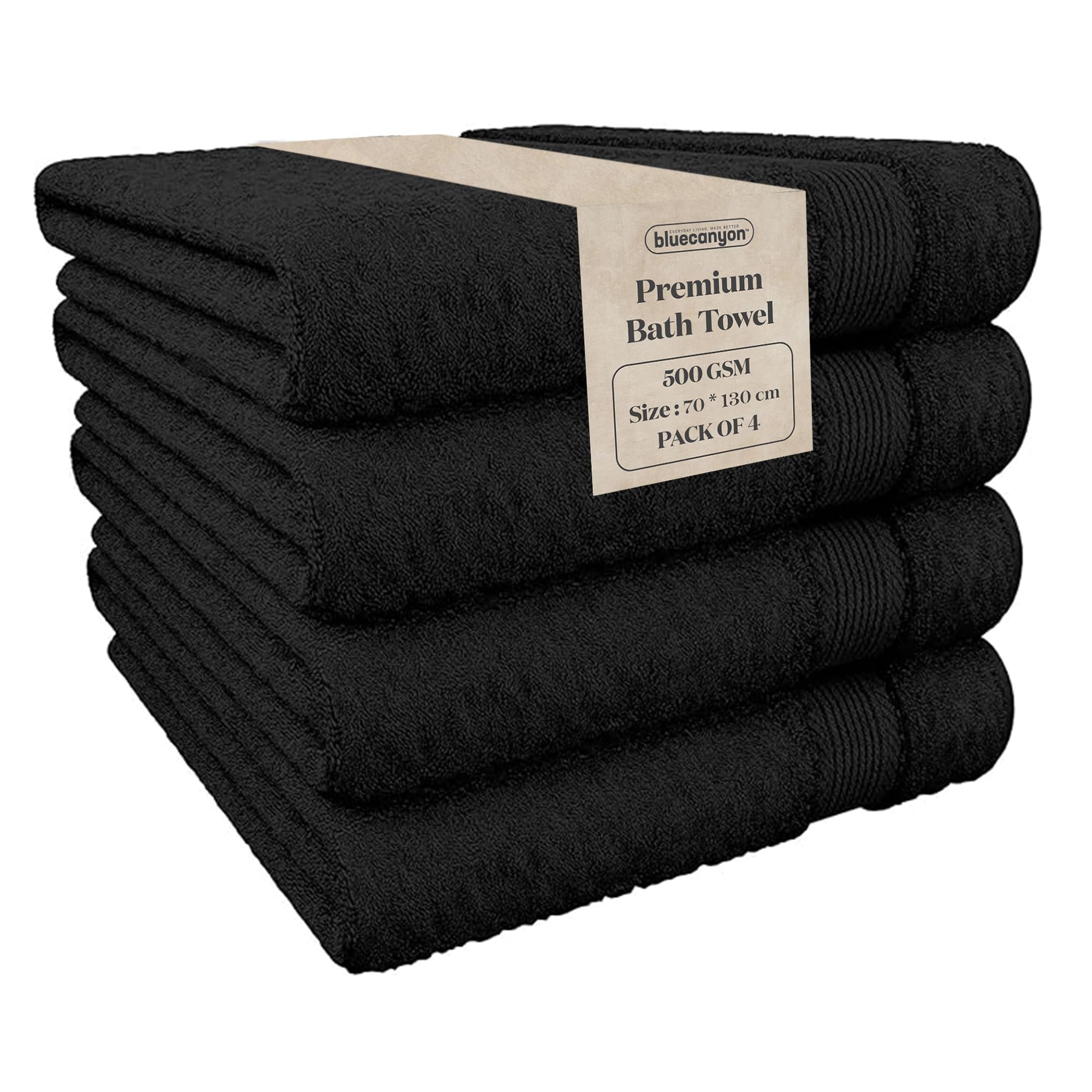 Blue Canyon Bath Towels, Bathroom Soft Towels, Woven Light–Weight, Quick Dry, Reusable Bath Towels, Bacteria Resistant, Skin Friendly, Makeup Remover Towel 70 * 130 cm, 500 GSM, PACK OF 4, (BLACK)