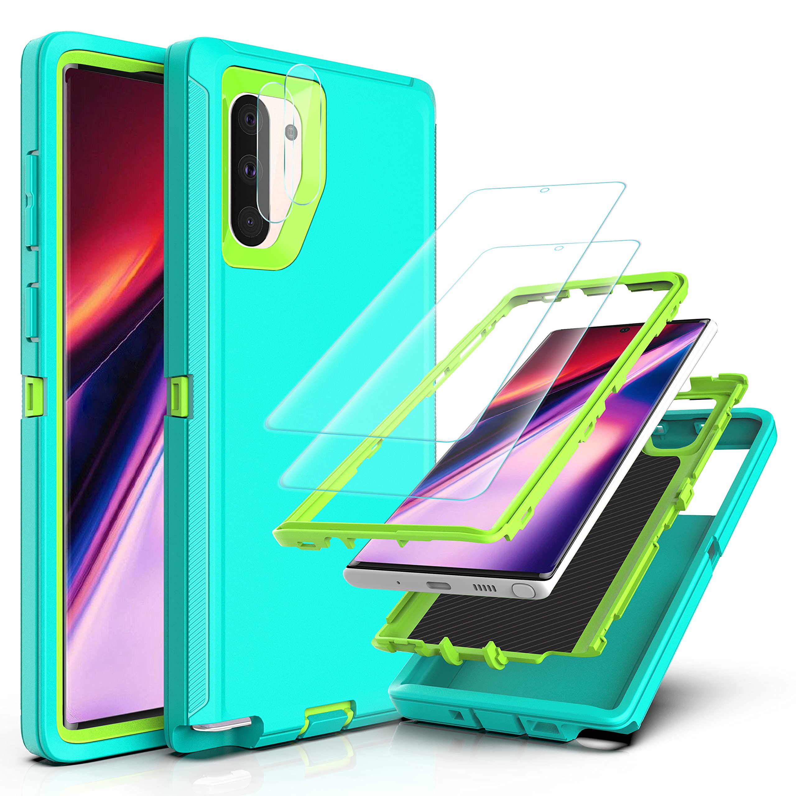 YmhxcY Note 10 Case with Self Healing Flexible TPU Film[2 Pack] and Camera Lens Screen Protective Film[2 Pack], Heavy Protection Cover for Samsung