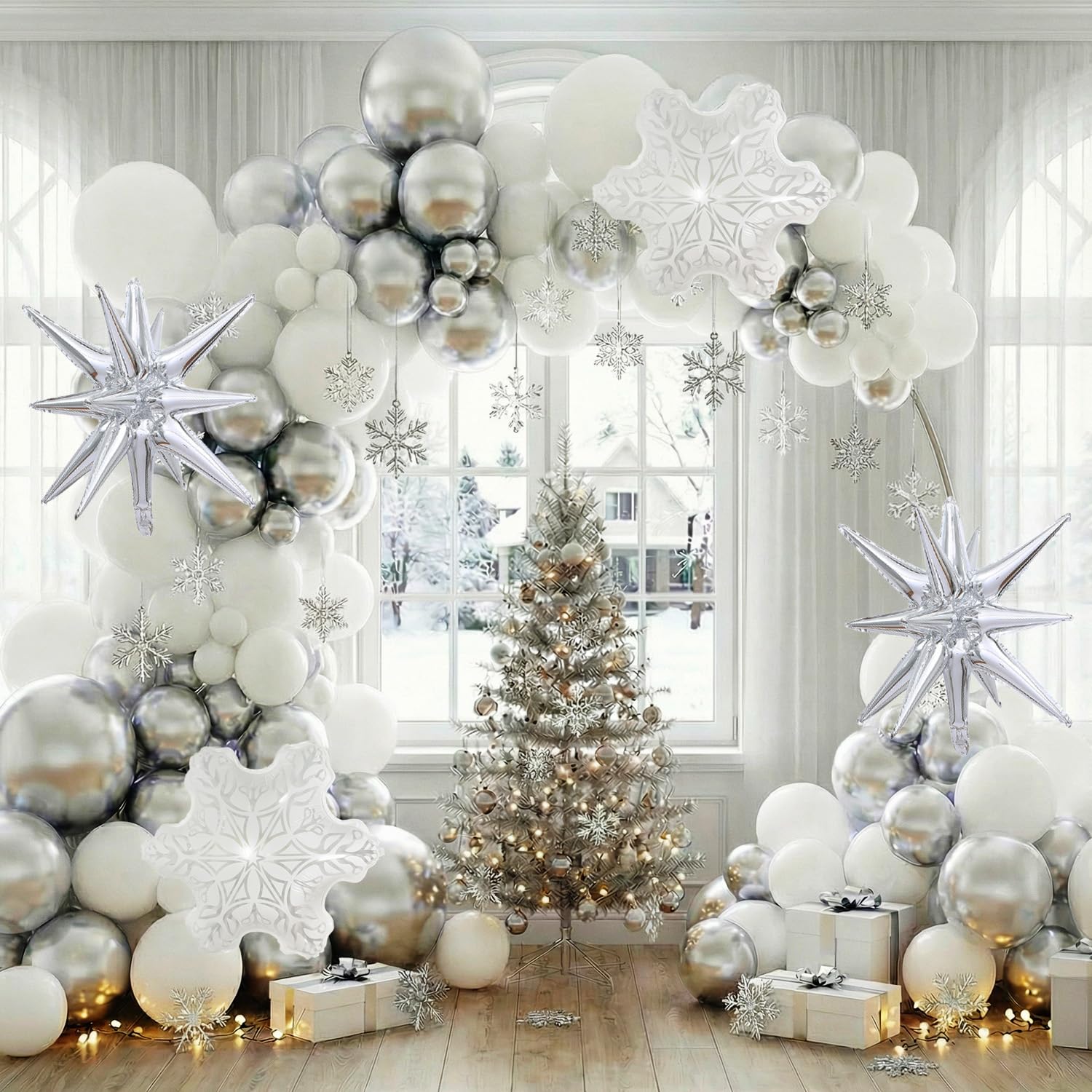 PartyXpress Kit de guirnalda de arco de globos de invierno de 135 piezas con globos de estrella de copo de nieve blanco y plateado para fondo de Año Nuevo 2026, fiesta de bebé, baby shower