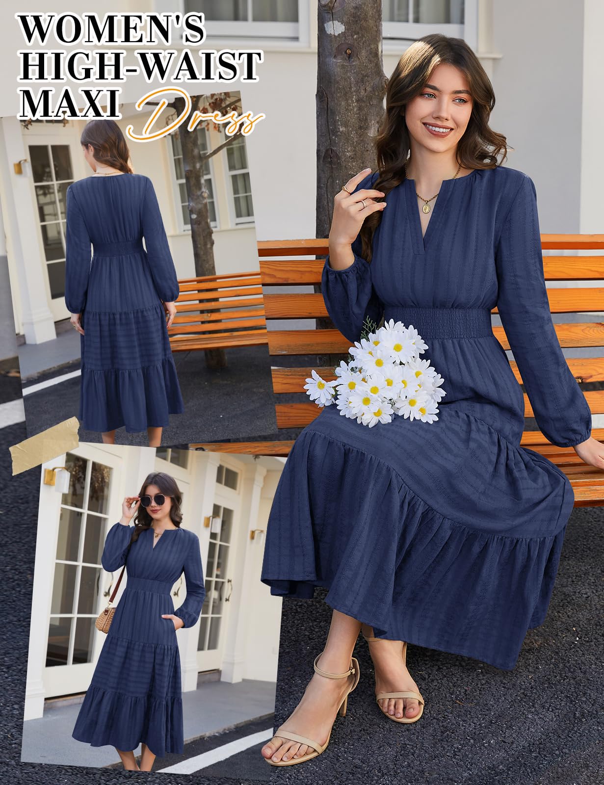 Damen Kleid Langarm V-Ausschnitt Herbst