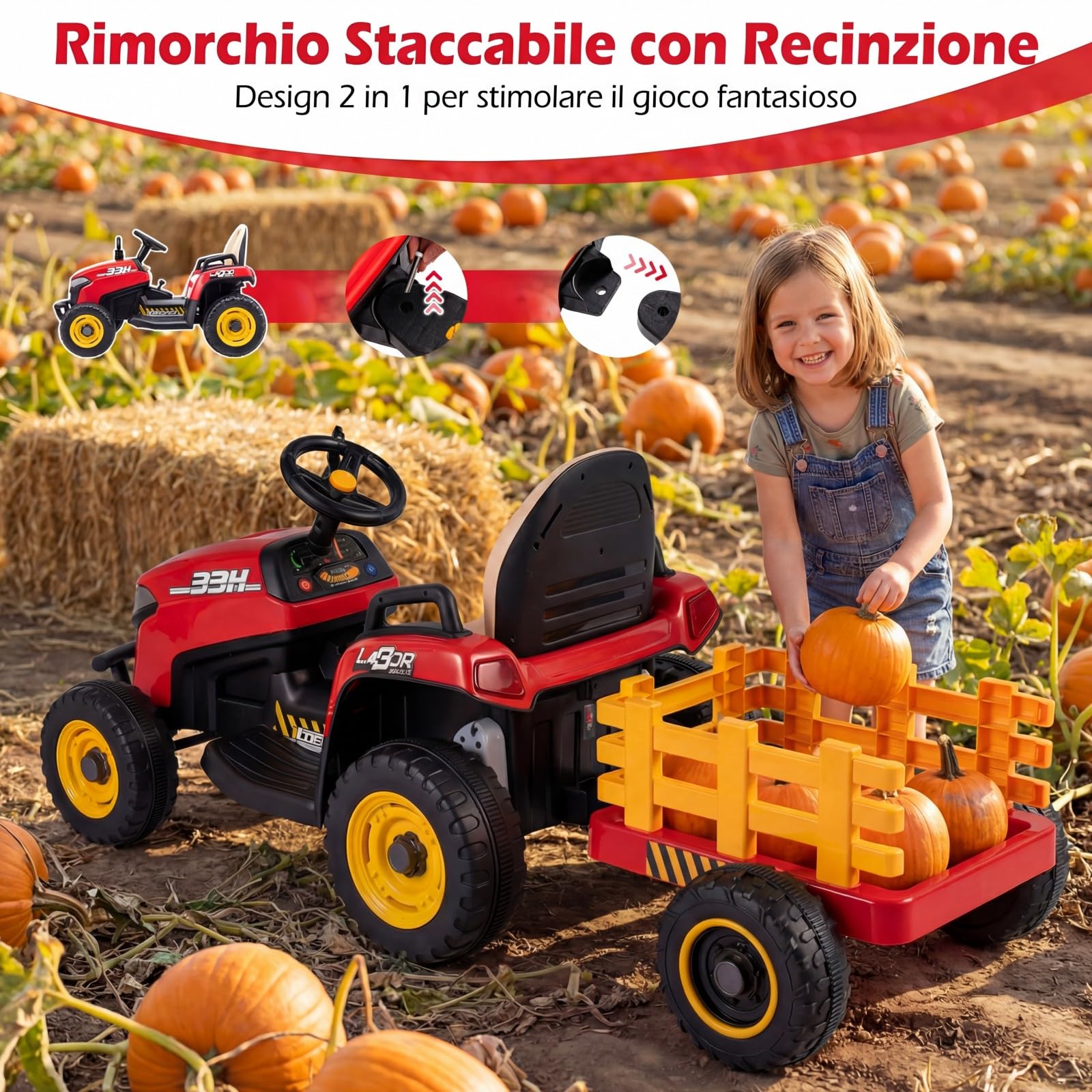 COSTWAY 24V Trattore Elettrico per Bambini, Macchina Cavalcabile con Telecomando, Clacson Musica, Connessione Wireless e Fari a LED, per Bambini 3 Anni+ (Rosso)