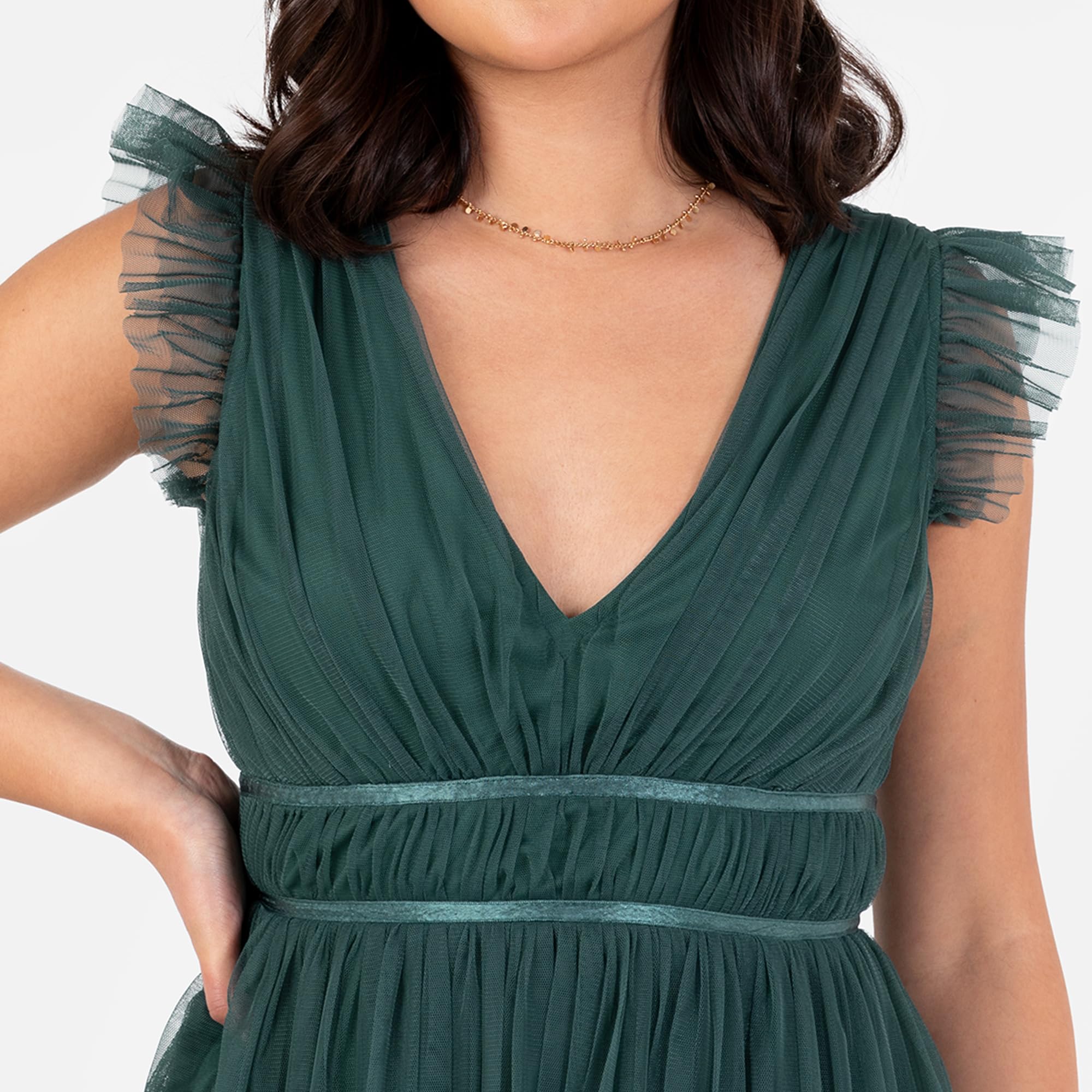 Anaya with Love Women's Maxi Dress Ladies cap Sleeve V-Neck Satin Detail Tulle A-Line Bridesmaid Wedding Guest Occasion Prom Ball Gown Donna