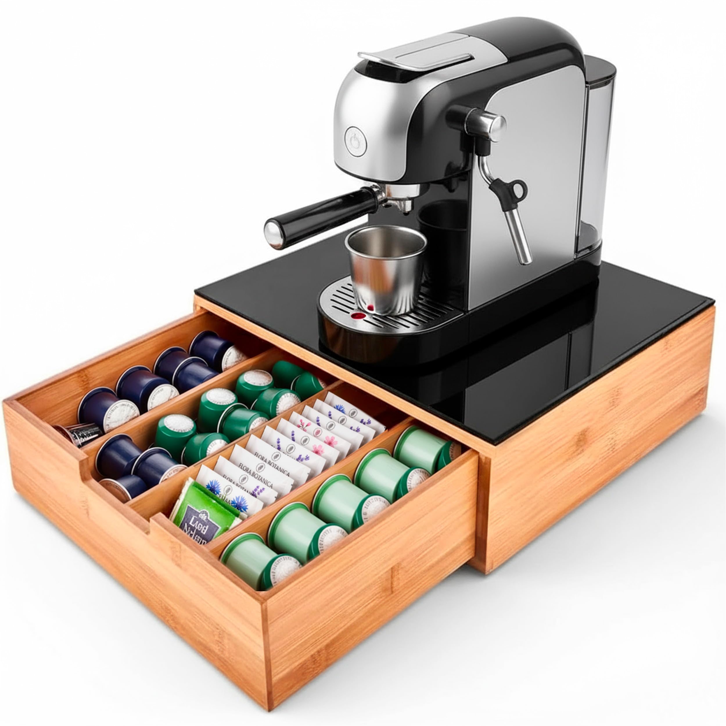 Porta Cialde In Bambù Con Cassetto 4 Scomparti Ripiano in Vetro Organizer Capsule Caffè Cialde Bustine Tè Tisane Zucchero Design Elegante per Cucina e Ufficio 30 x 30 x 10 Cm Marrone