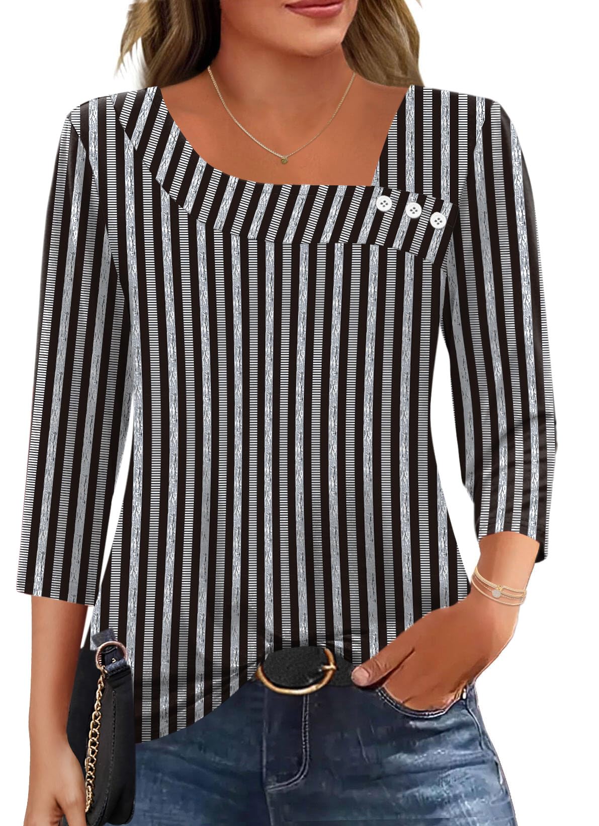 Kistore Bluse Damen 3/4 Arm Asymmetrischer Ausschnitt Tunika Sommer Tops Locker Shirt Elegant Lässig Oberteil S-2XL