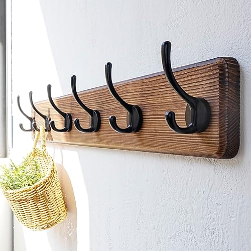 Miniatura 5 de Dseap Perchero de pared 24" de largo, patentado, resistente, 6 ganchos dobles de madera montado en la pared, perchero para perchero de invierno,