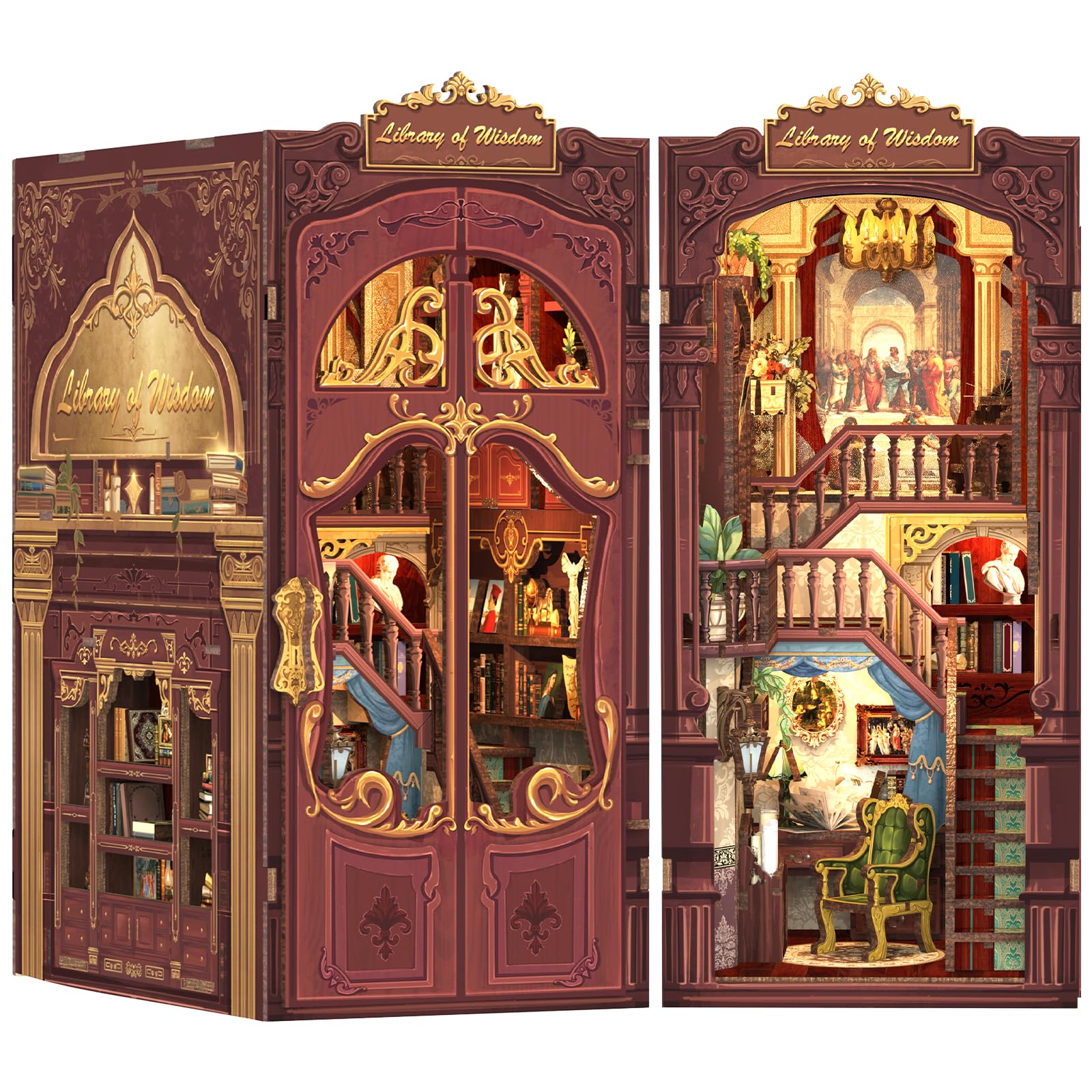 Fsolis Fai da te Book Nook, Casa delle bambole Mini Kit di Casa con Mobili in Legno e Luci a LED, Libro Angolo Mensola Inserto Kit, Book Nook Adulto Kit di Costruzione(Library of Wisdom)