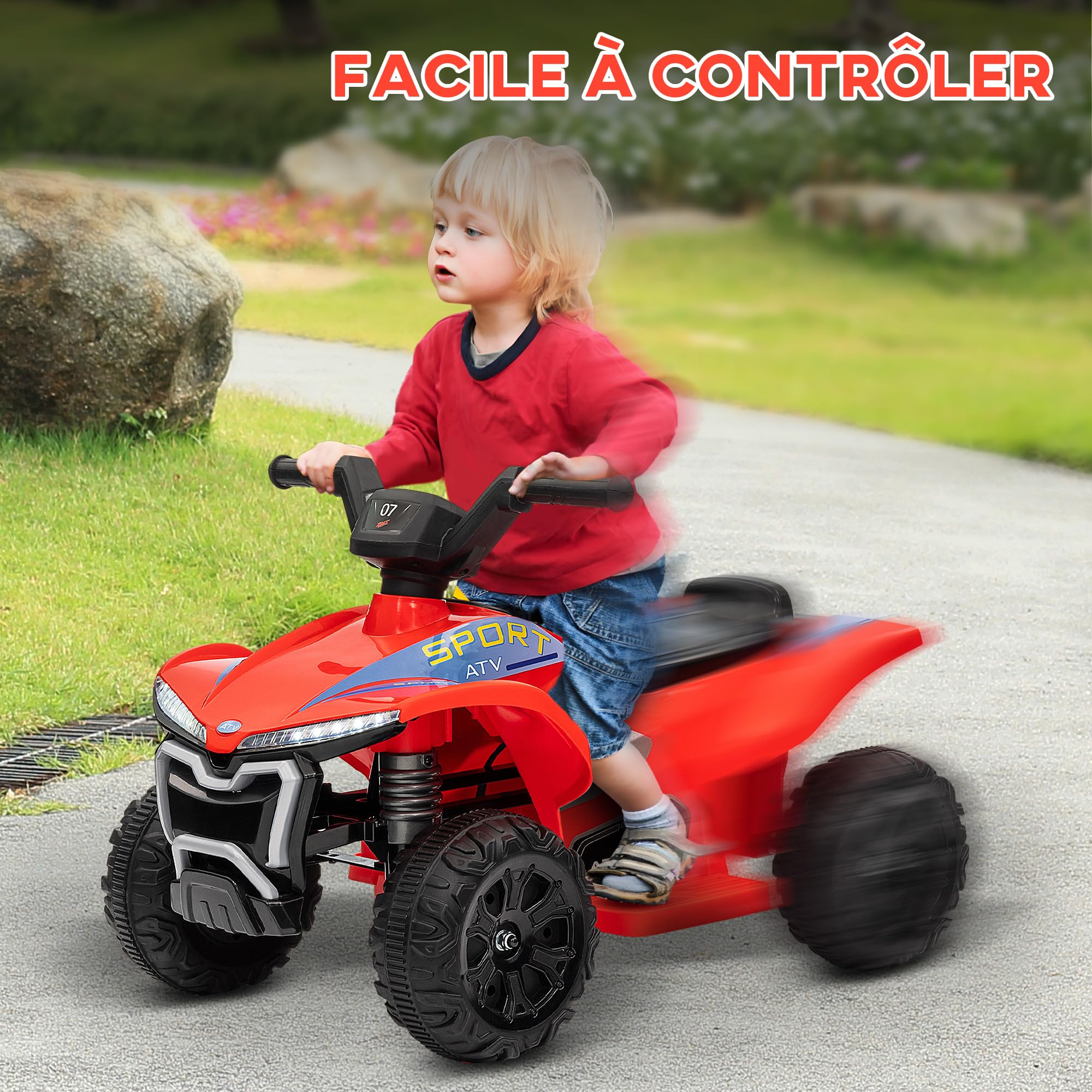 AIYAPLAY Quad Électrique Enfant, 6V 2,5 km/h, Phares, 18-36 Mois, Rouge | Voiture Électrique Enfants, Marche Avant et Arrière, Fonction Musicale