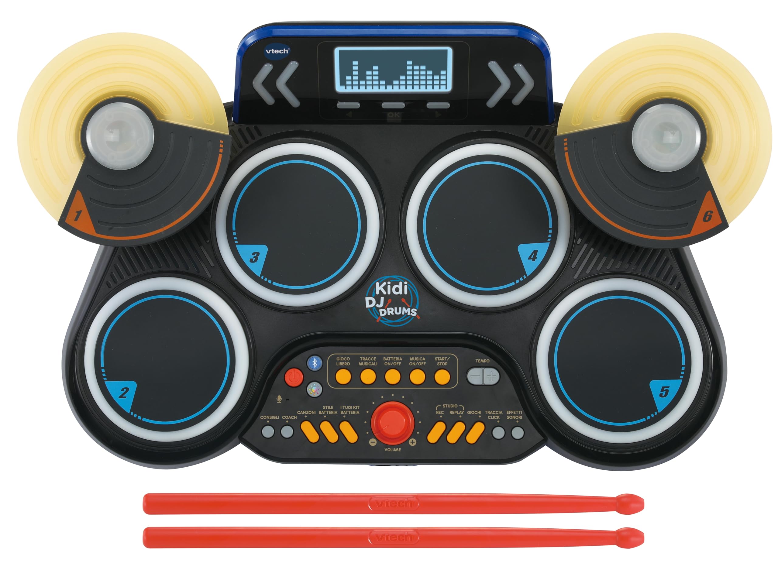 VTech Kidi DJ Drums, elektroniczny akumulator dla dzieci z podkładkami świecącymi, grami muzycznymi, trybem Bluetooth i wbudowanym mikrofonem, pałeczkami w zestawie, język włoski, baterie w zestawie,