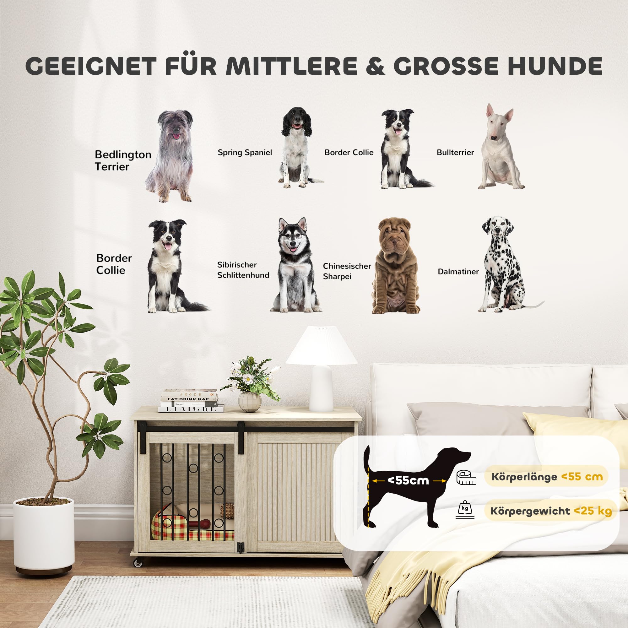 PawHut Hundekäfig Möbel Hundekäfig für Zuhause 100 cm Hundebox mit Rollen, Schiebetür, Seitentür Abschließbare Hundehütte für Mittelgroße, Große Hunde, Eiche