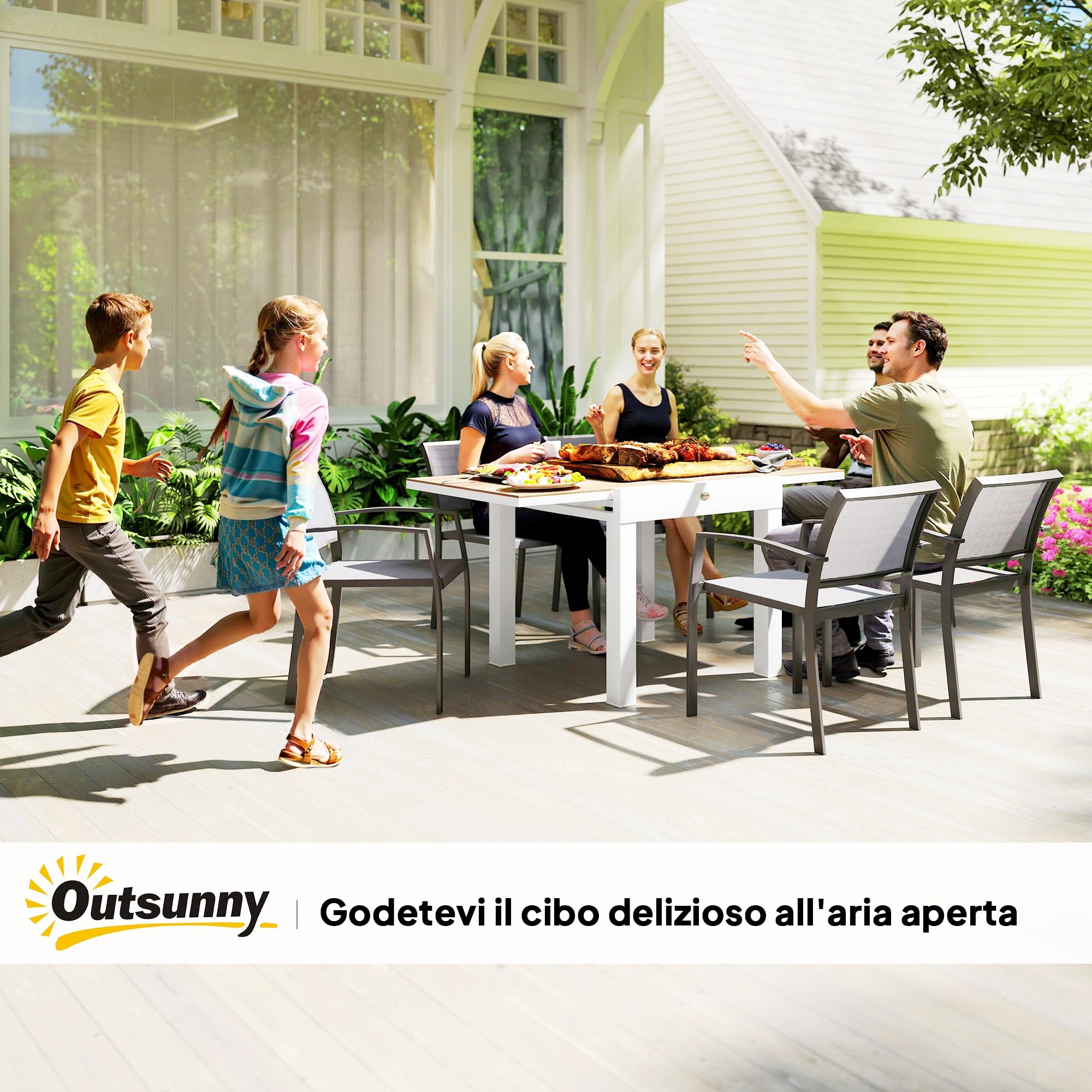 Outsunny Tavolo da Giardino Allungabile da 80/160x80x75 cm, Tavola da Pranzo Estensibile per 4-6 Persone Rettangolare in Alluminio con Piano in PSPC, Per Patio, Terrazzo, Balcone ed Esterno, Bianco