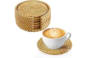 6PCS Handmade Rattan Drink Coasters with Holder Set
