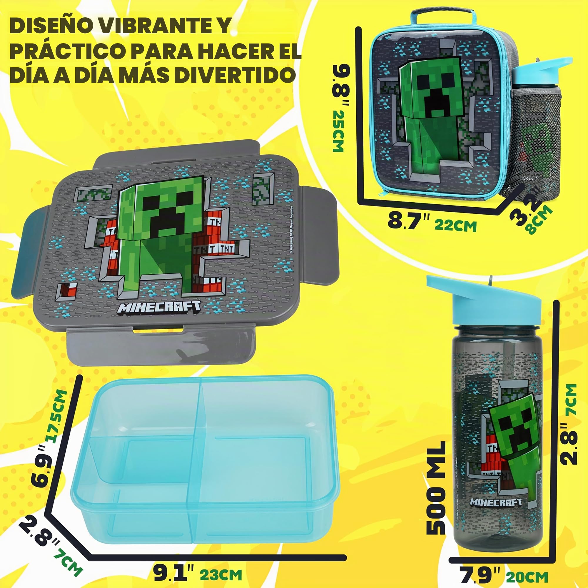 Get Trend Minecraft Bolsa Termica Infantil Set, 3 Piezas con Fiambrera Almuerzo, Botella Agua, Bolsa Merienda para Escuela, Picnic, Viajes (Multi Minecraft)