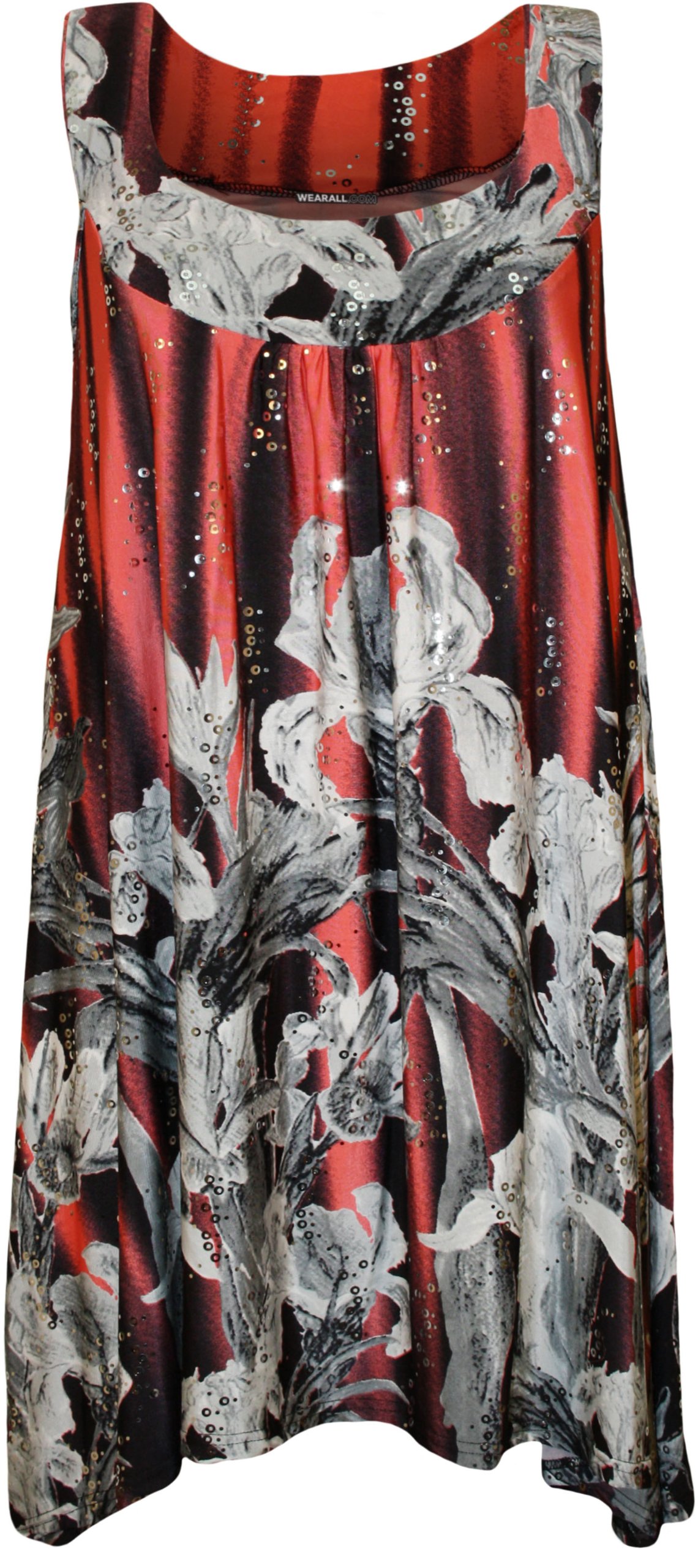 Plus Size Womens Sequin Print Ladies Sleeveless Long Swing Vest Top - Coral - 22-24