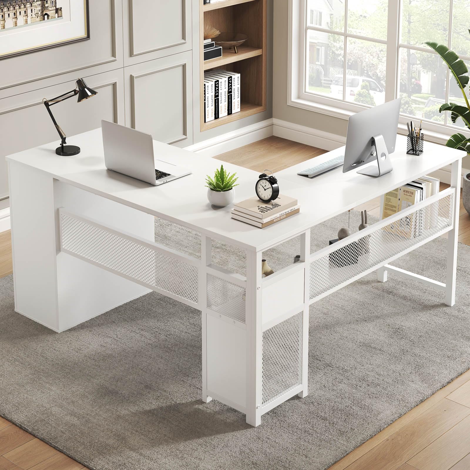 LVB White L Shaped Corner Desk with Drawers, Reversible Modern L-Shaped Computer Desk with Storage Cabinet Shelves, Large Wood Metal L Shape Home Office Desk for Work Study Writing Gaming, 59 Inch