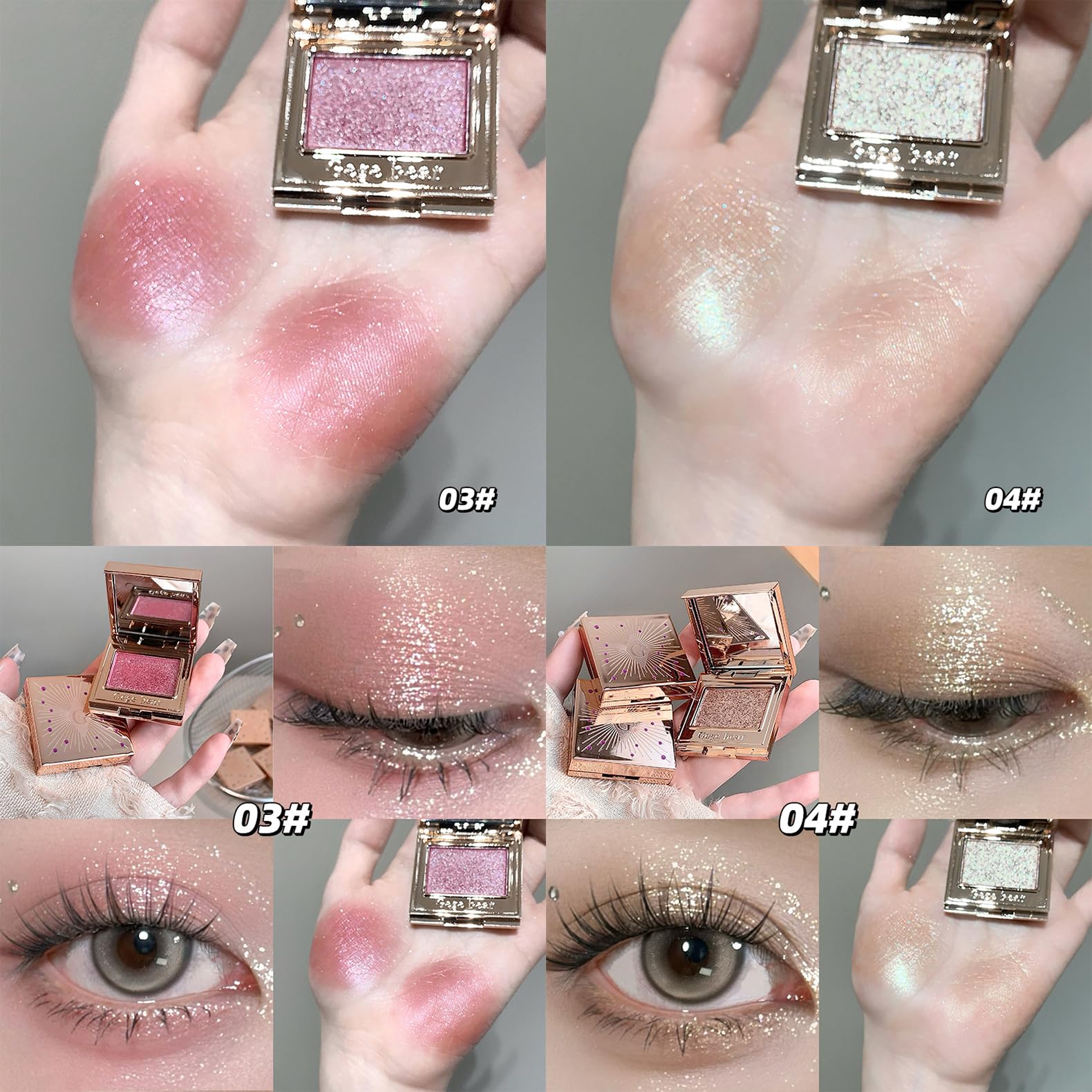 Gege Bear Gemstone Shining Monochrome Eyeshadow | Ultra-Pigmented Dazzling Shimmer Formula | Rose Gold Compact | Long-Lasting Sparkle | Luxurious Shades Glitter Collection | Creates Mesmerizing Multi-Dimensional Eye Looks | Perfect for Gen Z Clean Girl Aesthetic (04#Holographic Gold, 1.8g) 2