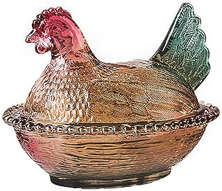 Glass Candy Dish with Lid - Hen & Rooster Kitchen Decor Bowl,Vintage Snack Bowl for Desserts Cookies | Cute Poultry Decor for Home Office Tabletop | Practical Glass Serving Jar
