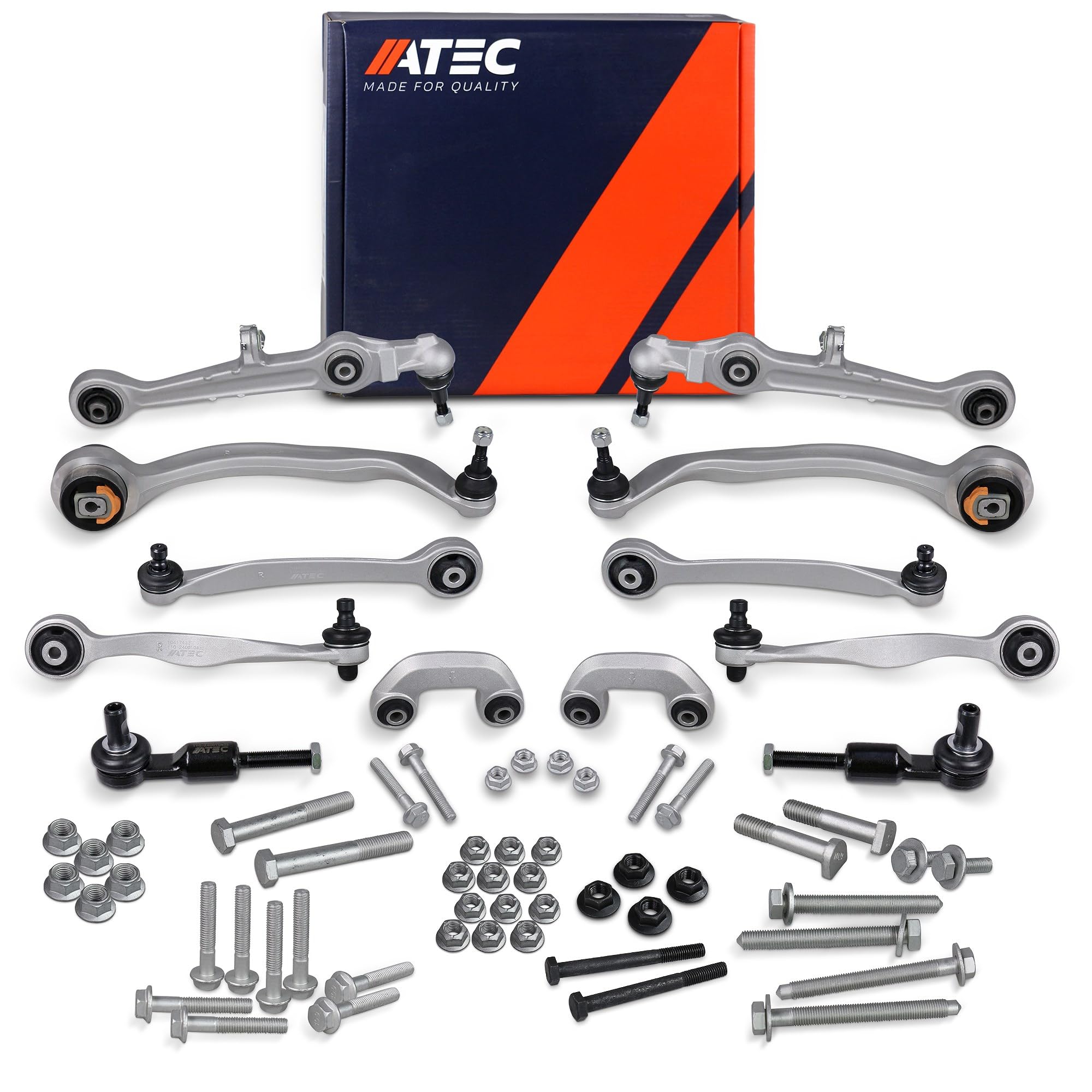 ATEC GERMANY 2x Querlenker Vorne oben vorne, 2x Querlenker vorne oben hinten, 2x Querlenker vorne unten hinten, 2x Querlenker vorne unten vorne, 2x Koppelstange, 2x Spurstangenkopf