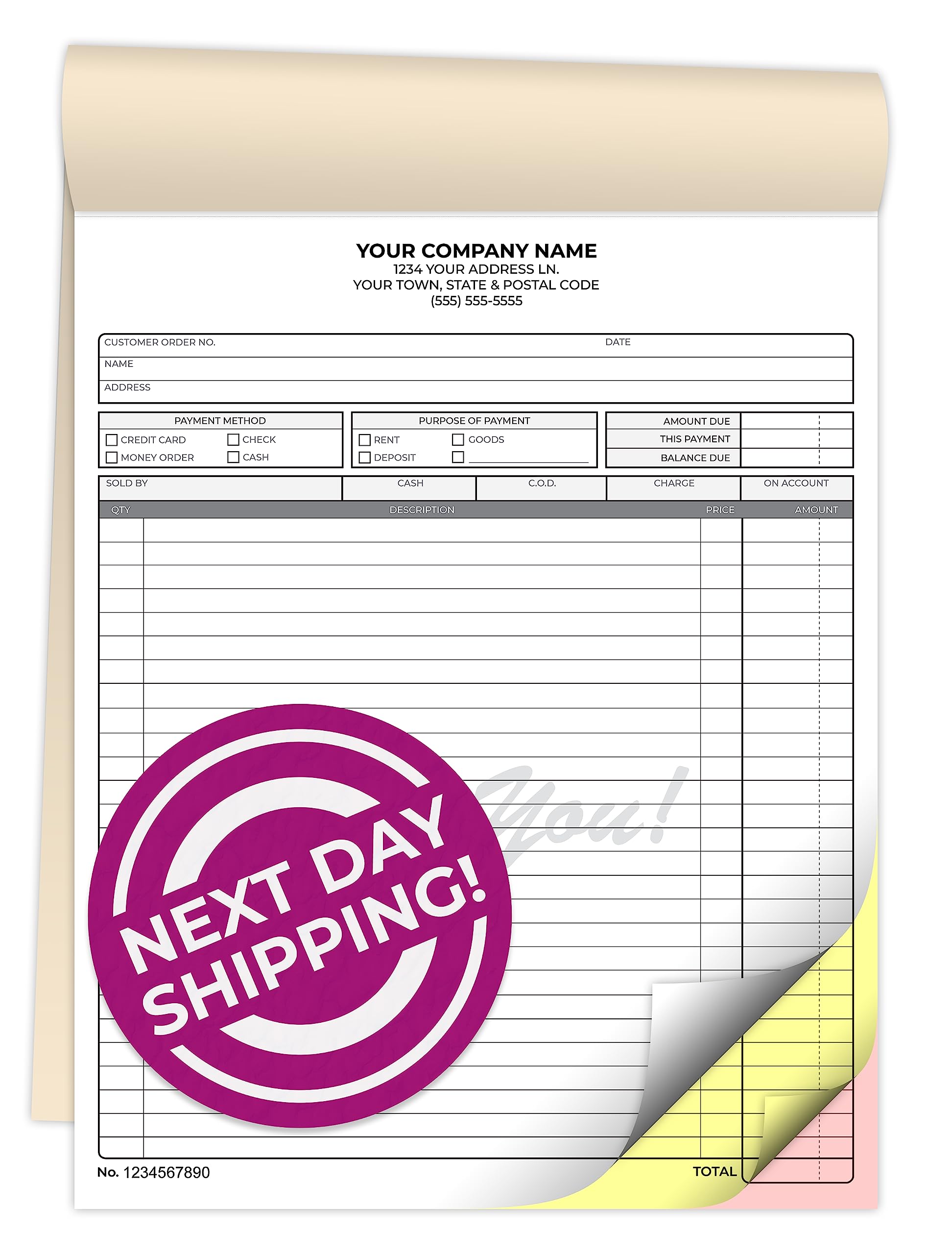 Custom 8.5" x 11" Carbonless NCR Books in 3-Part Triplicate Invoices, Receipts, Work Orders, Sales Orders, Purchase Orders, Estimates, Quote Forms with Your Company/Business Name (66 Sets)