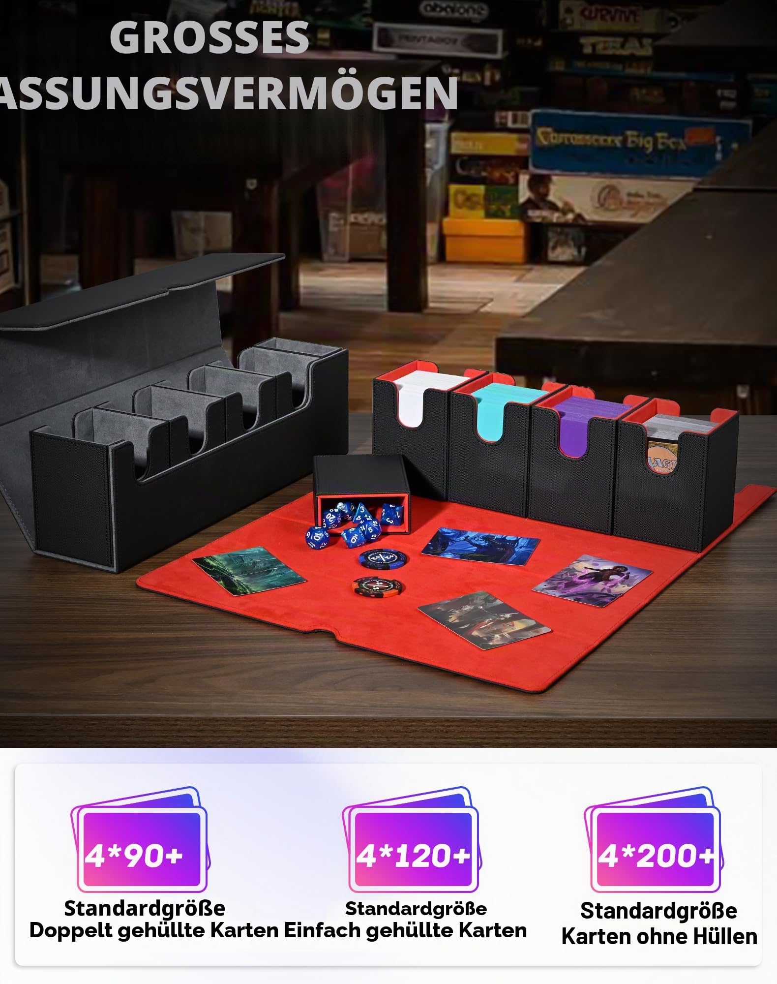 UAONO Sammelkarten Box mit Würfelablage für MTG,Premium-Kartenbox mit starkem Magnet zur Aufbewahrung für Magic Commander TCG CCG Karten (Schwarz，5 in 1)