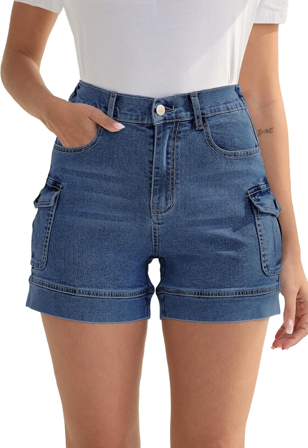Metietila Women's Stretchy Cargo Jean Shorts High Waisted Casual Summer Denim Shorts with Pockets