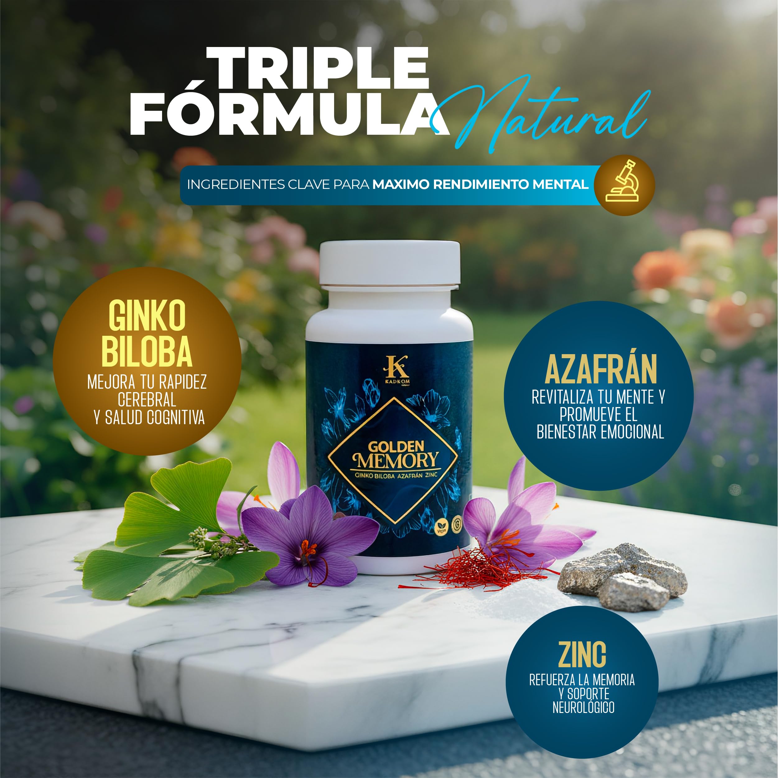 Cápsulas para la Memoria y Concentración – Suplemento Natural con Azafrán, Ginkgo Biloba y Zinc – 60 Cápsulas – Apoya Función Cognitiva y Bienestar Mental Diario