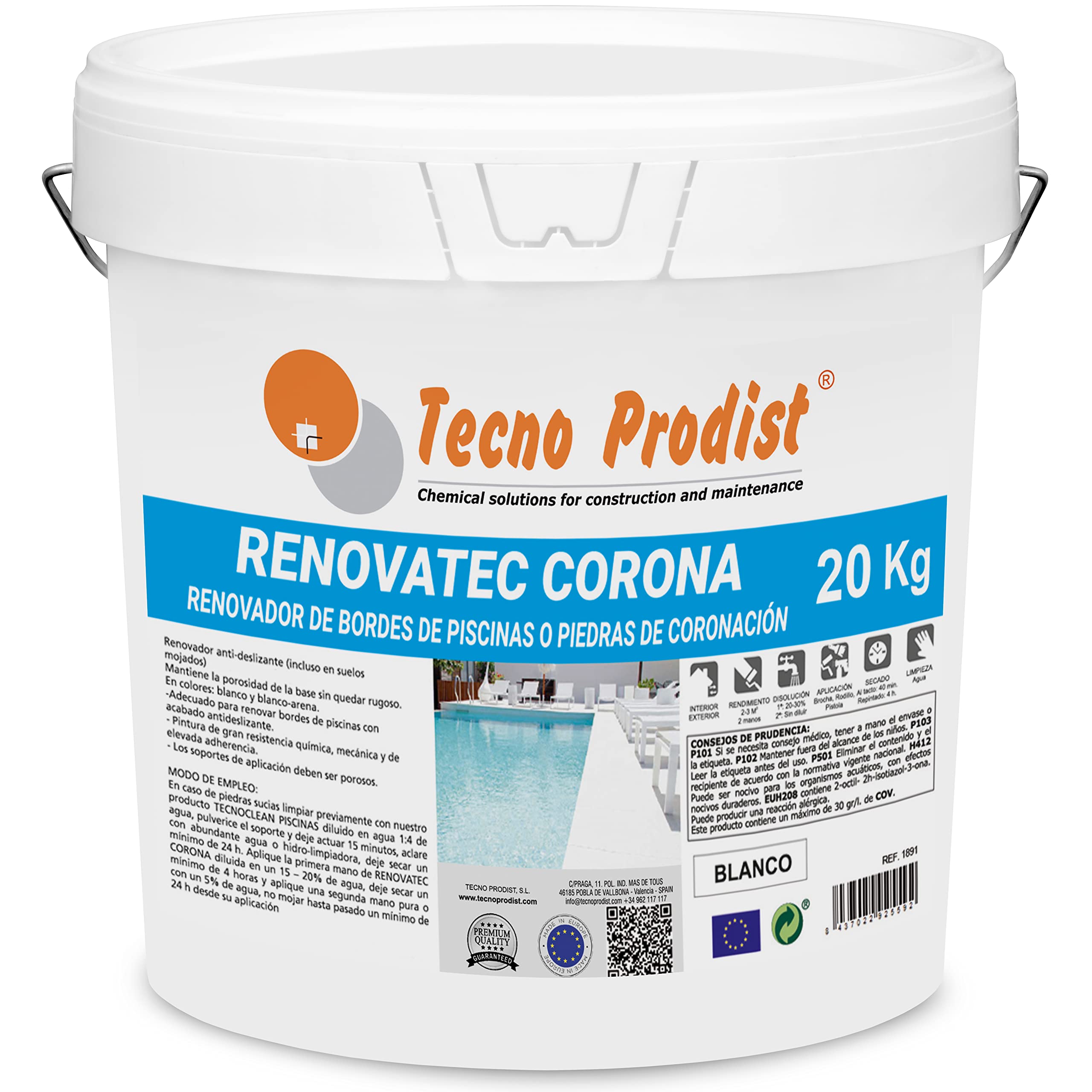Tecno Prodist RENOVATEC CORONA (BLANCO 20 Kg) Pintura renovación bordes de piscinas o piedra de coronación - Antideslizante - Alta resistencia y durabilidad - Fácil Aplicación