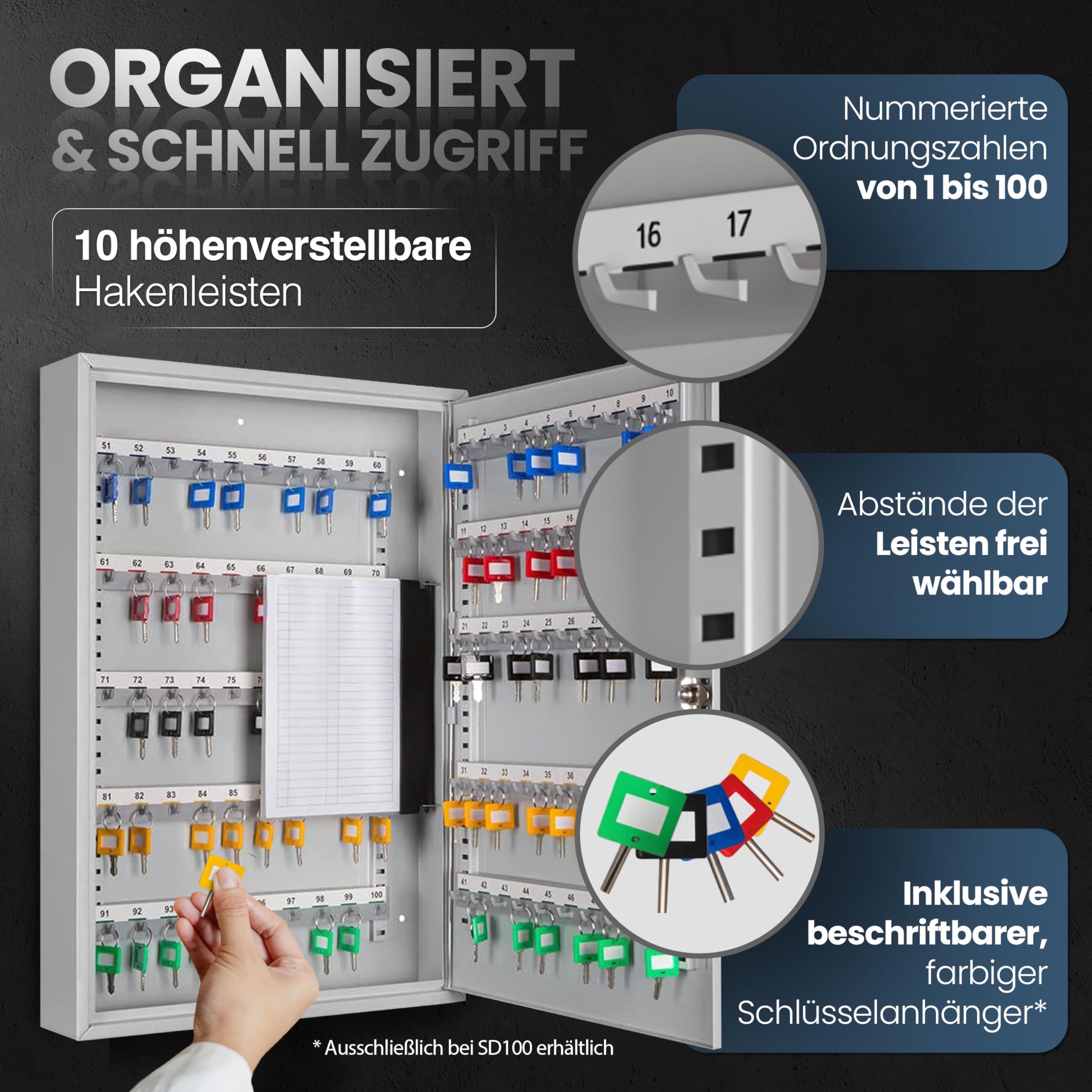Schlüsselkasten SD100 Schlüsselschrank 100 Haken Stahl abschließbarer Safe magnetische Außenseite höhenverstellbare Leisten Wandmontage 55x38x8cm