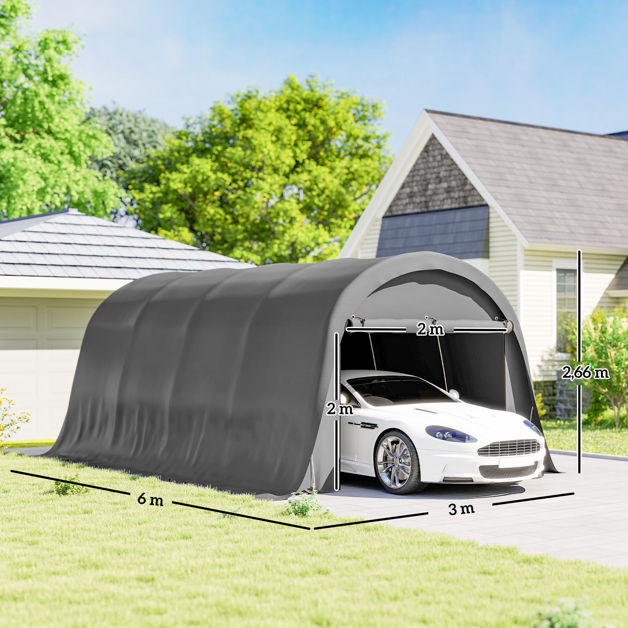 Outsunny Carport, tente, 3 x 6 m, étanche, avec parois latérales amovibles, grand toit arqué, UPF50+, résistante à l'hiver, résistante aux UV, pour voiture, SUV, bateau, gris foncé