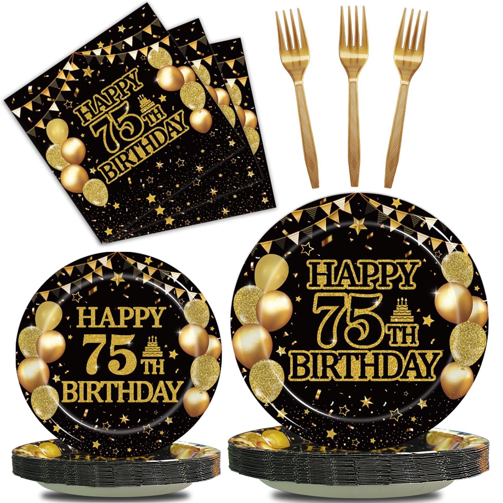 Photo 1 of Kepeel 96Pcs 75th Birthday Party Tableware Set, Back in 1951 Birthday Party Decorations Supplies for Men Women Cheers to 75 Years Disposable Paper Plates Napkins Forks Favors, Serve 24