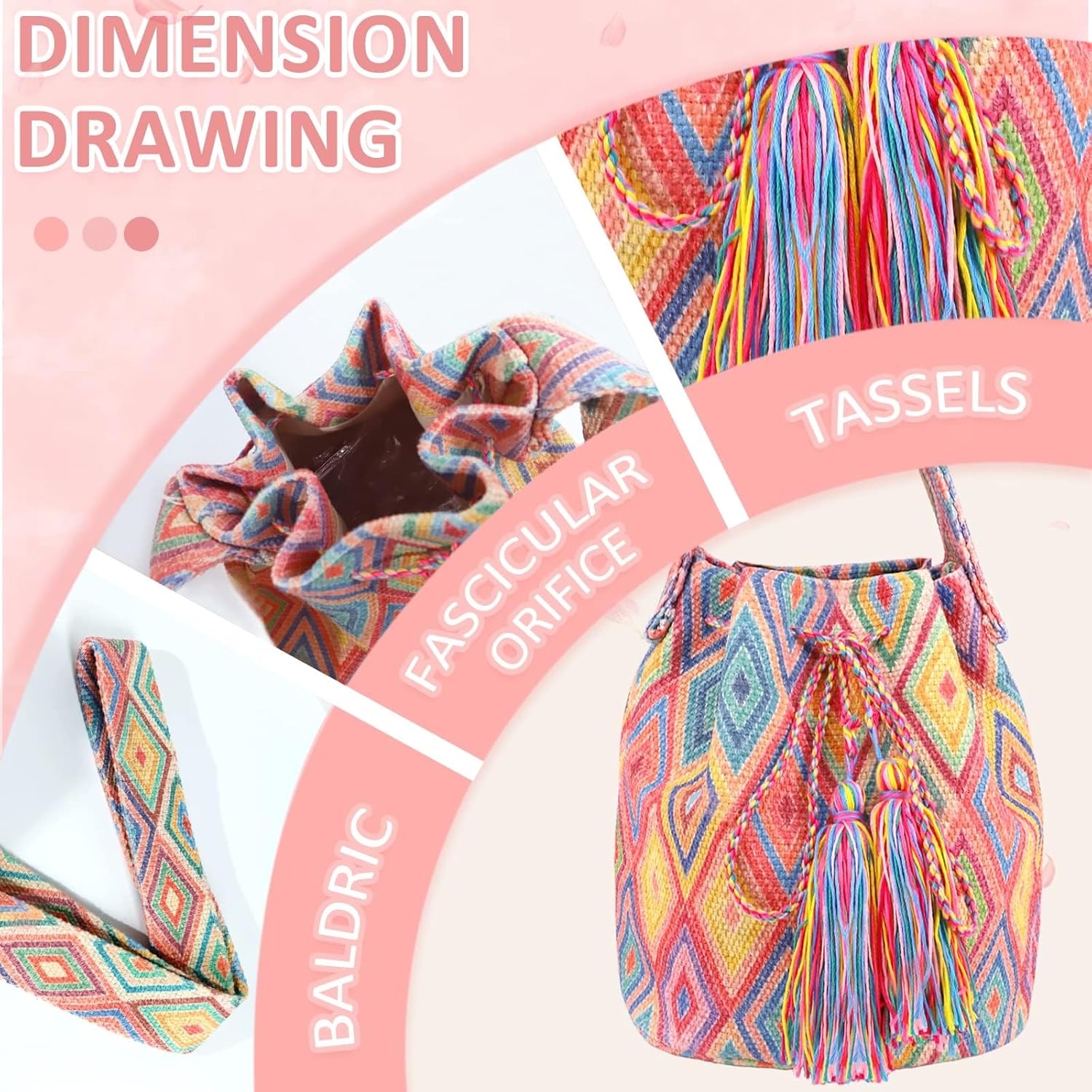 Canvas Crossbody Bags for Women, Tassels Drawstring Bucket Bag, Bohemian Handbag, Colorful plaid Tote Bag Large Capacity Travel Shoulder Bag - Image 5