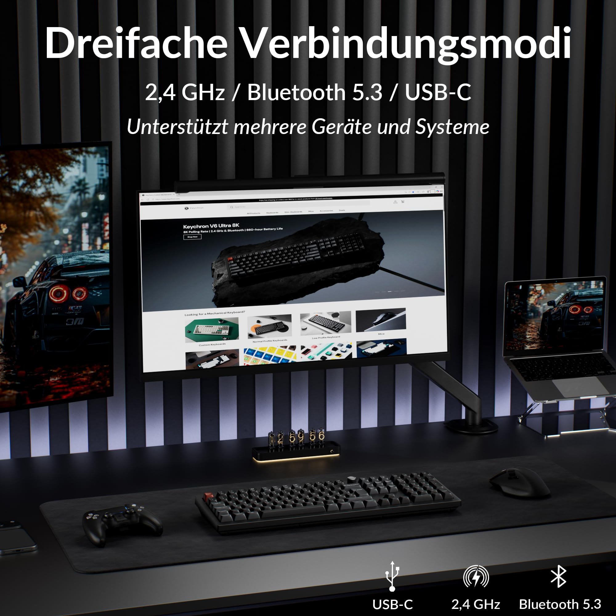 Keychron V6 Ultra 8K kabellose mechanische Tastatur, ISO-DE-Layout, 8000 Hz, ZMK/Launcher, 2,4 GHz/Bluetooth 5.3, PBT-Tastenkappen, für Mac, Windows und Linux, Silk POM Brauner Schalter