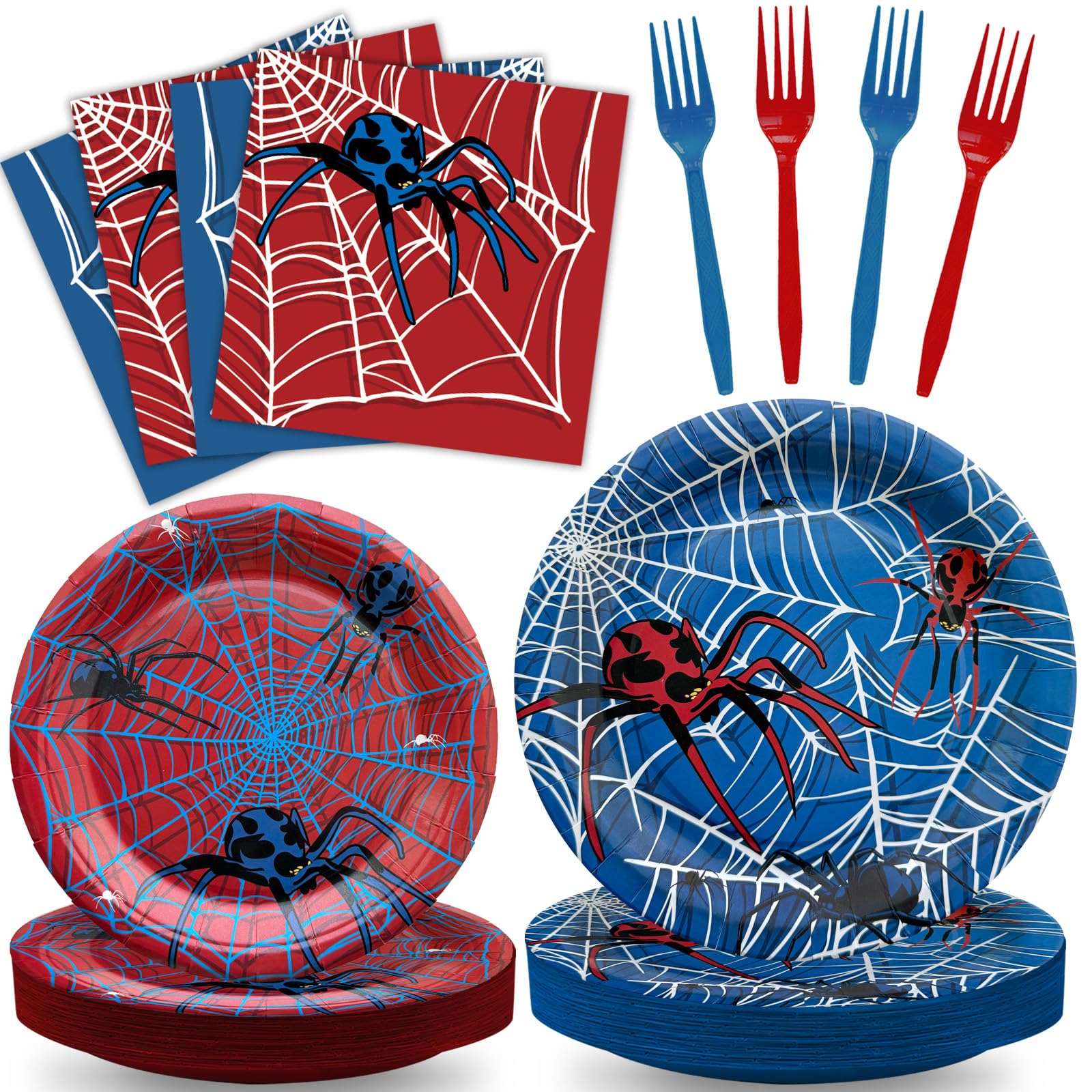 96 Pcs Spider Party Supplies Disposable Tableware Set Serve 24 Guests Include Spider Web Paper Plates and Napkins Plastic Forks for Birthday Party