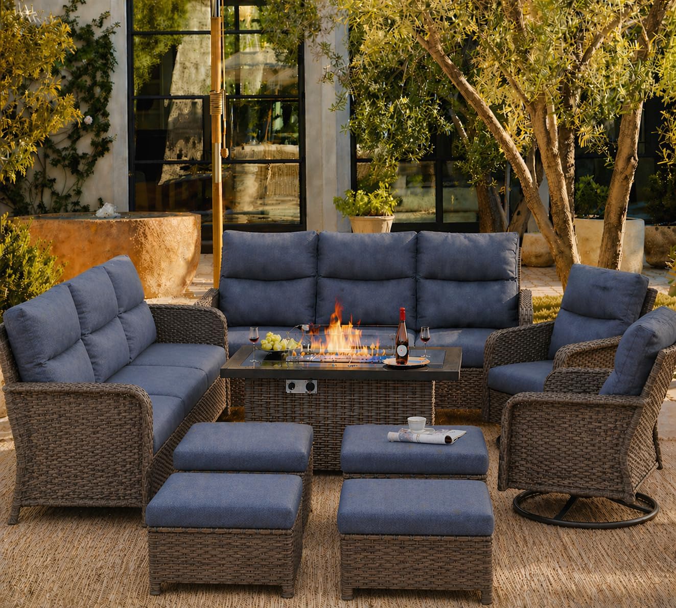 XIAO WEI 9-Piece Outdoor Furniture Set with Fire Pit Table, Wicker Patio Conversation Set with Cushions & Swivel Glide Chairs, All-Weather Patio Furniture Set for Backyard, Garden, Deck (Blue)