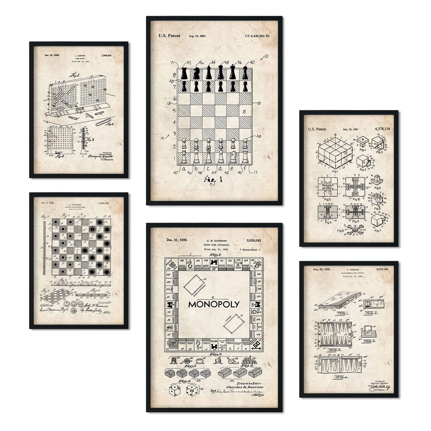 Nacnic Set de 6 láminas de patentes Juegos de mesa. Pósters con dibujos retro de inventos antiguos para tu hogar. Decoración de interiores estilo Vintage. Tamaños A4 y A3. Sin marco.