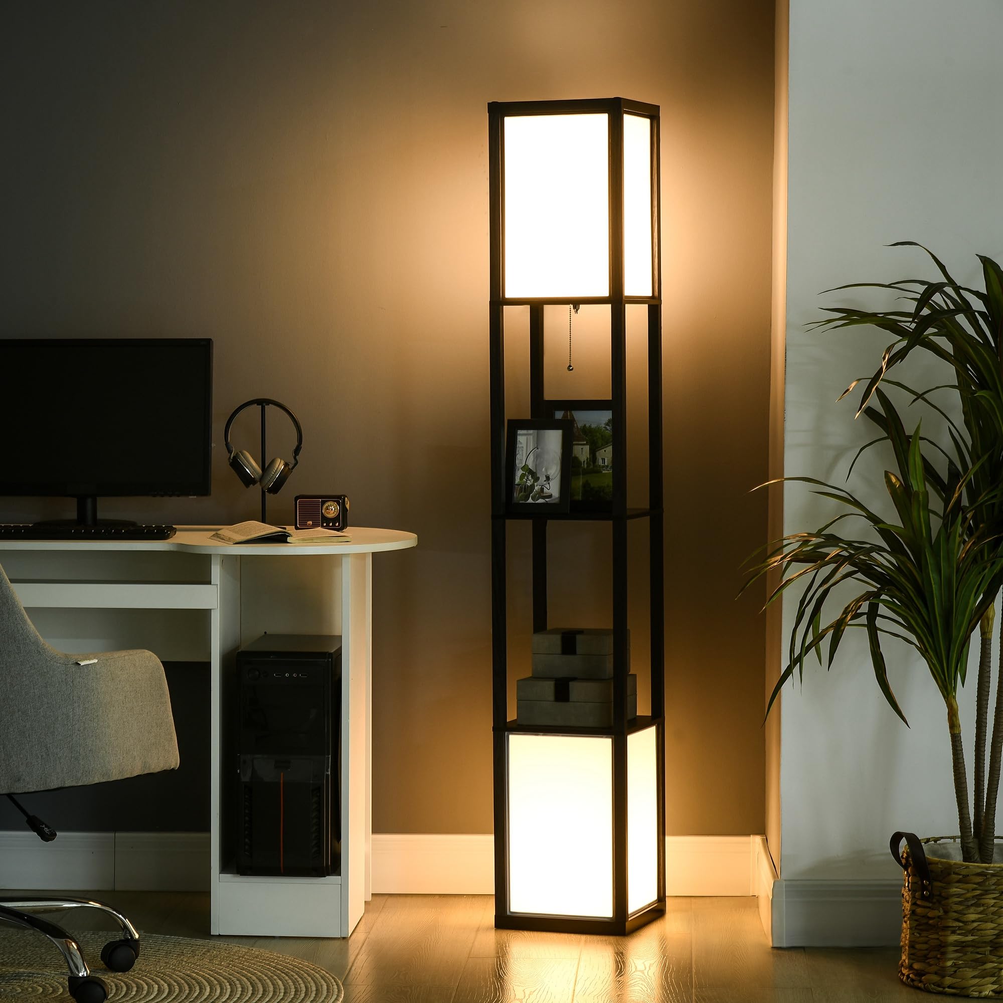 HOMCOM Lámpara de Pie de Madera con Estante de Almacenaje para Bombilla E27 Potencia Máx. 40W Lámpara Moderna para Salón Dormitorio 26x26x156 cm Negro y Blanco