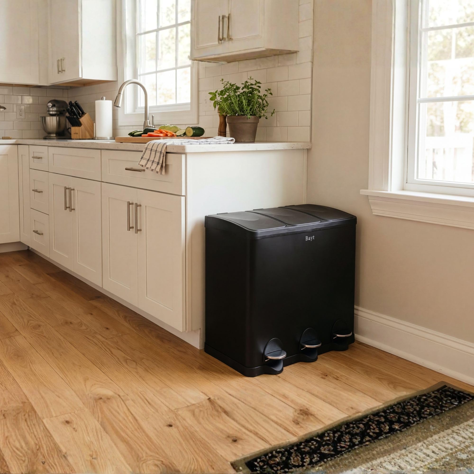 Bayt Cubo de Basura 60L (3 x 20L), Contenedor de Reciclaje para Cocina con 3 Compartimentos, Acero Inoxidable Negro, Pedales, Cubos Interiores, Negro