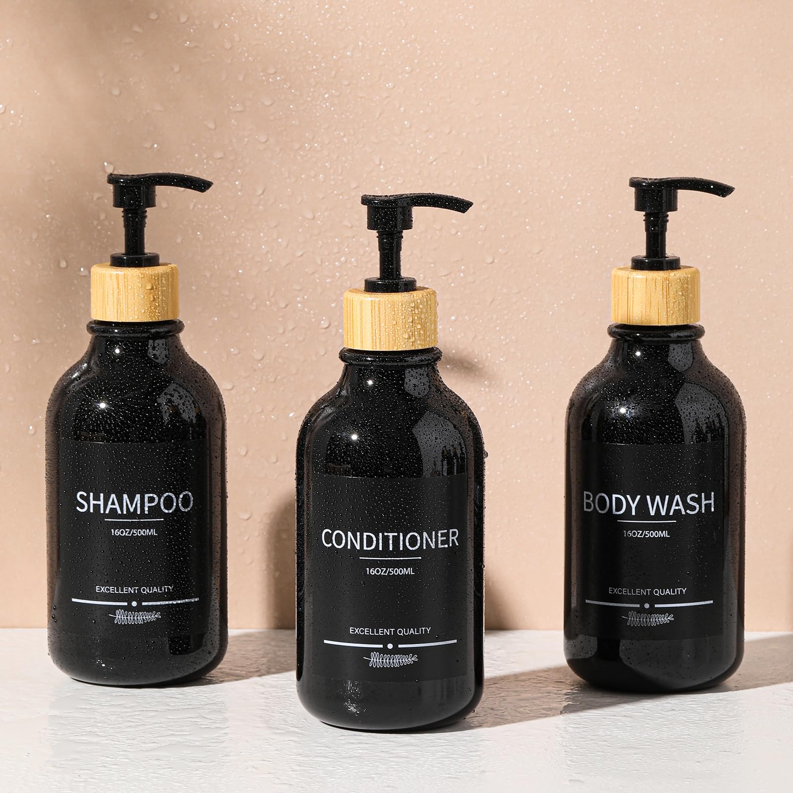 Paquete de 5 botellas dispensadoras de champú y acondicionador, recargables de 16.9 onzas, juego dispensador de champú de baño negro